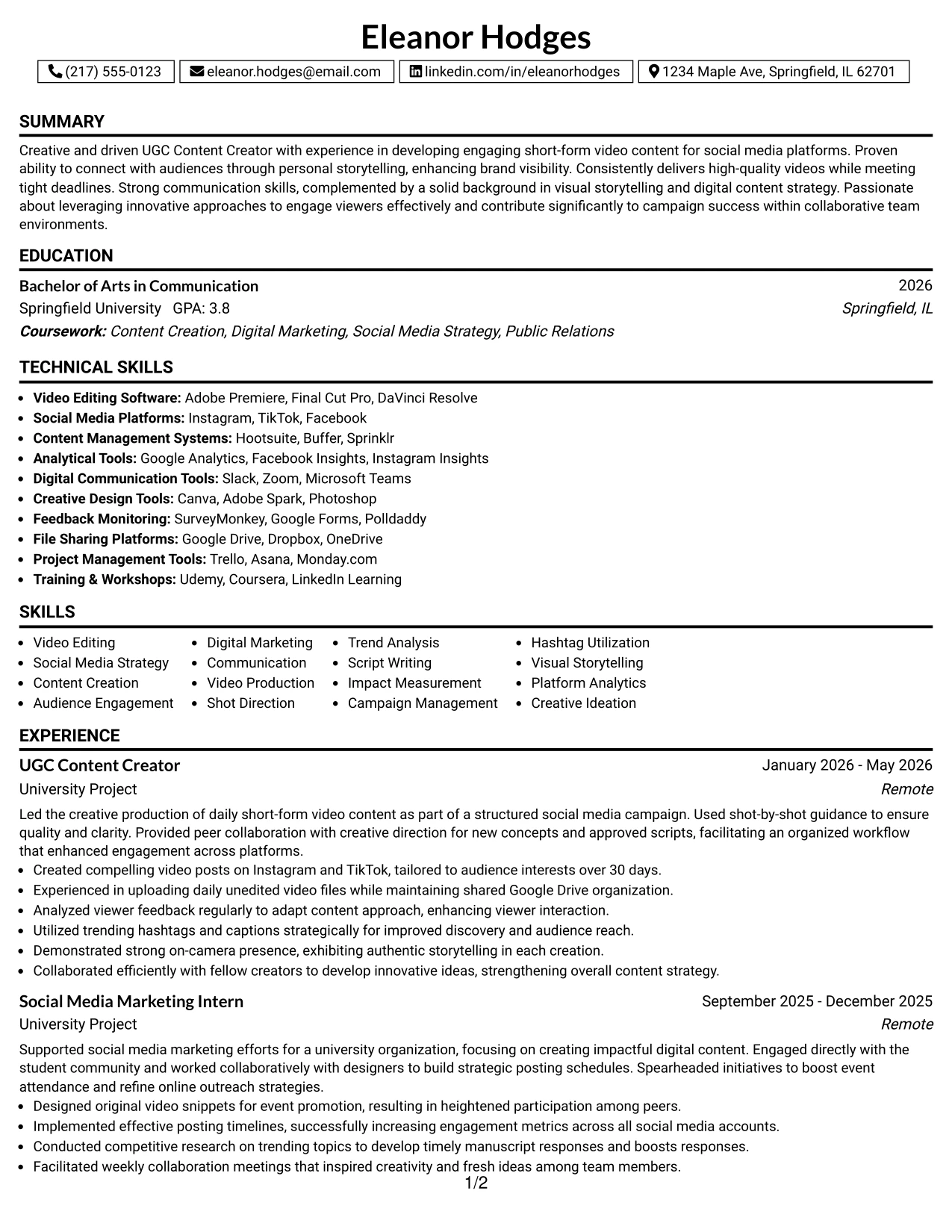 Resume Example Page 1
