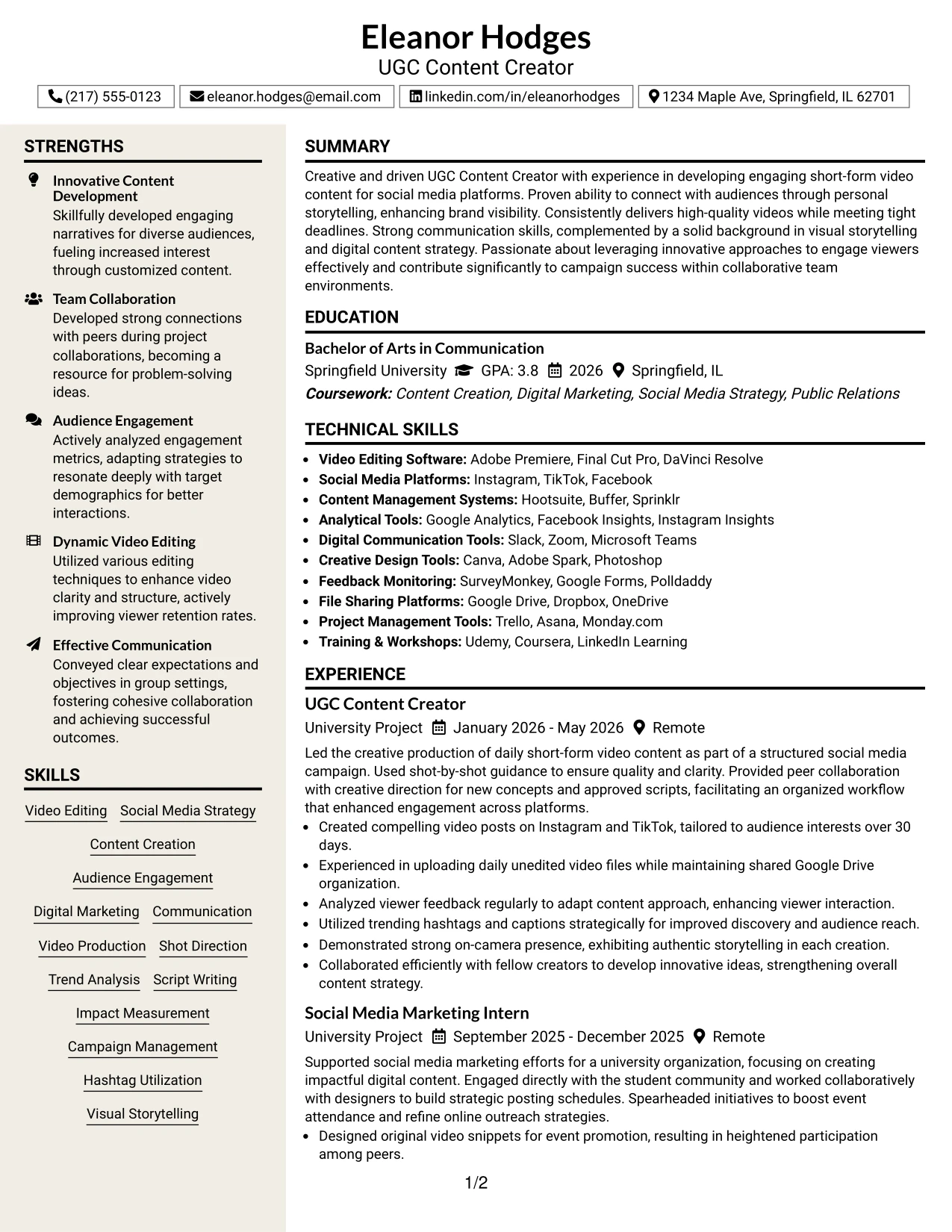 Resume Example Page 1