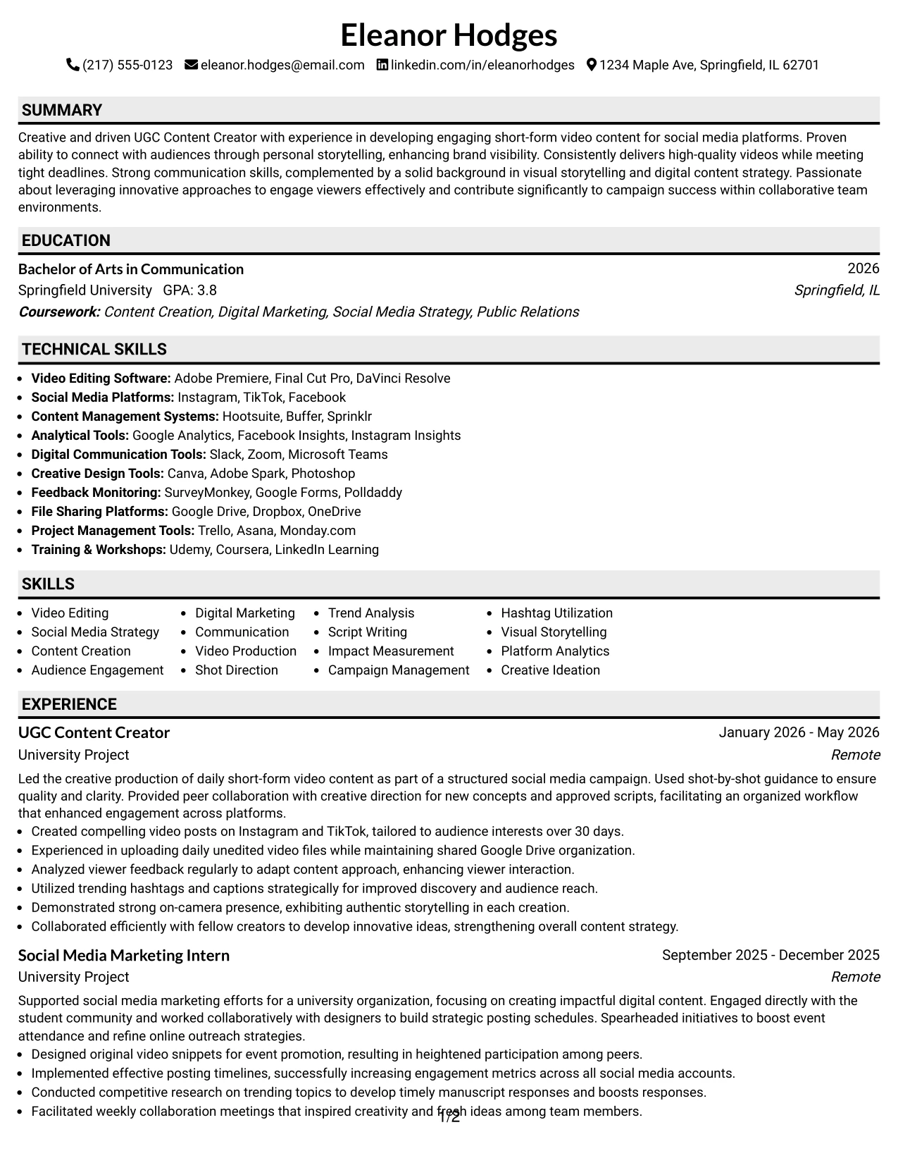 Resume Example Page 1