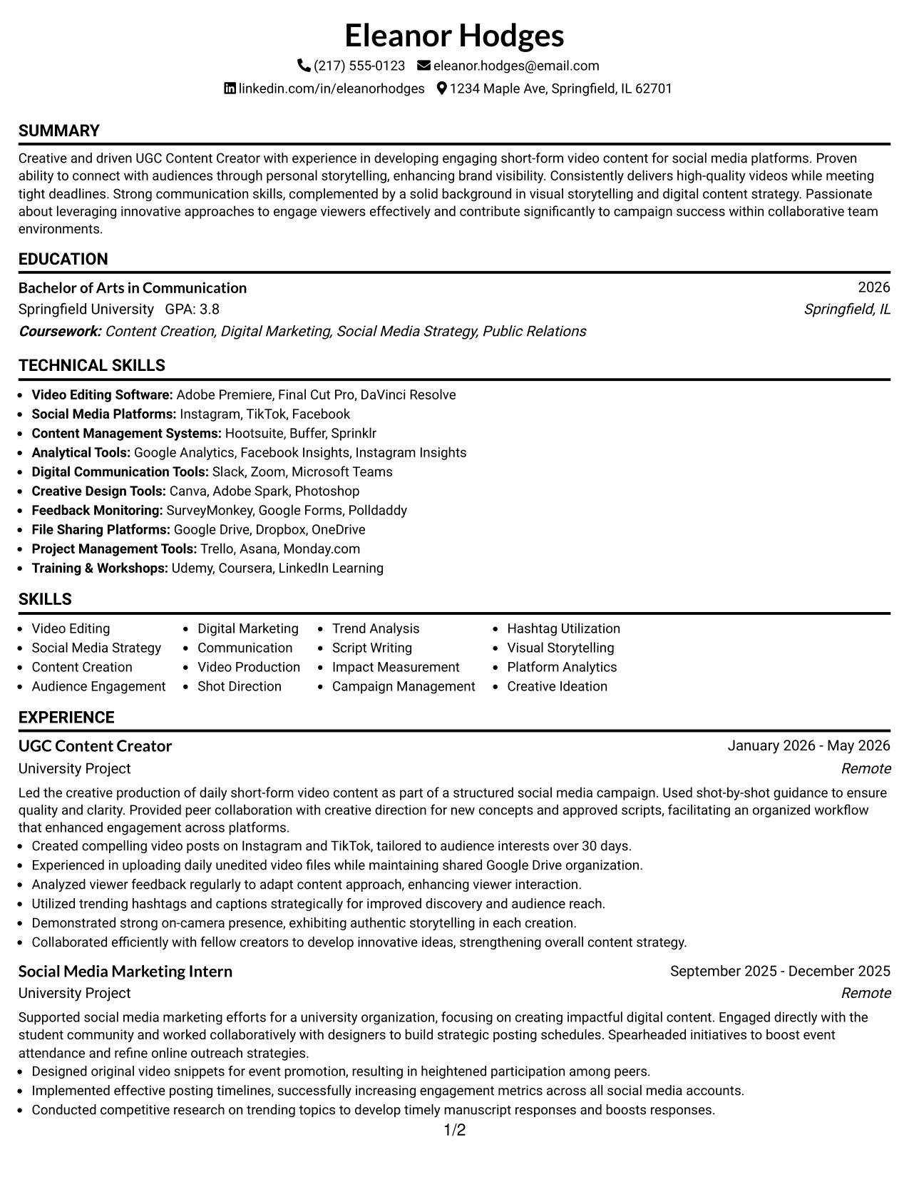 Resume Example Page 1