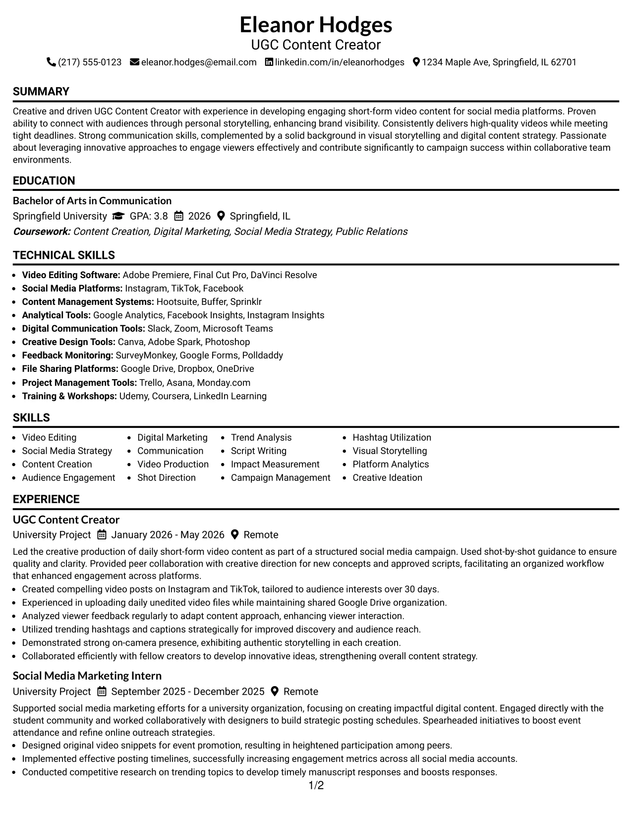 Resume Example Page 1