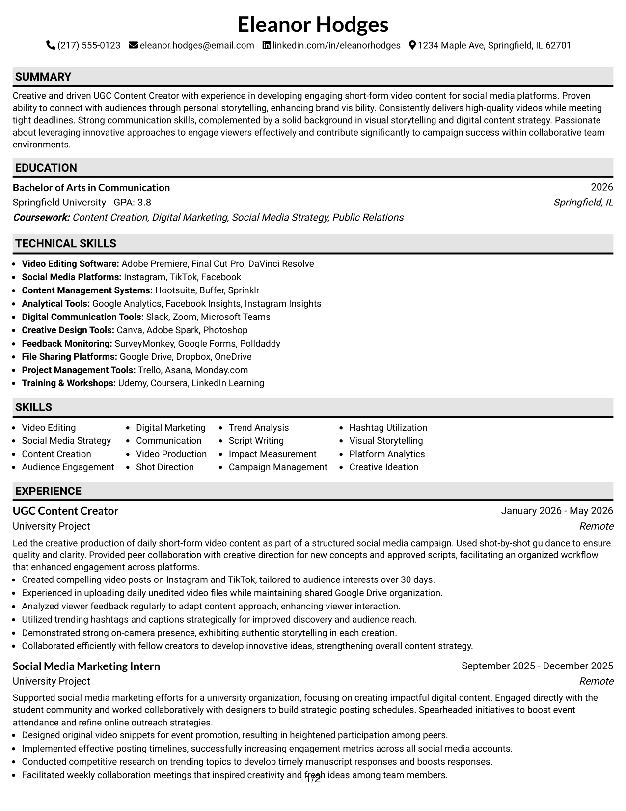Resume Example Page 1