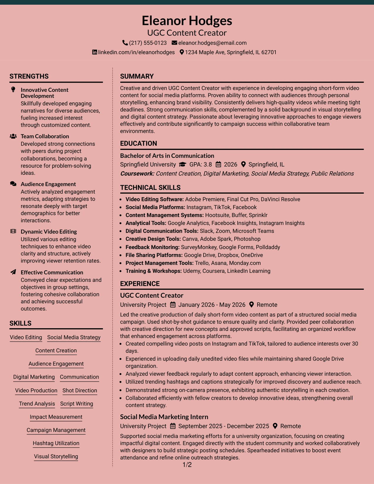 Resume Example Page 1