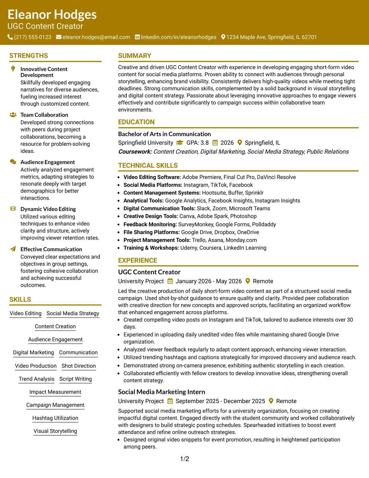 Resume Example Page 1