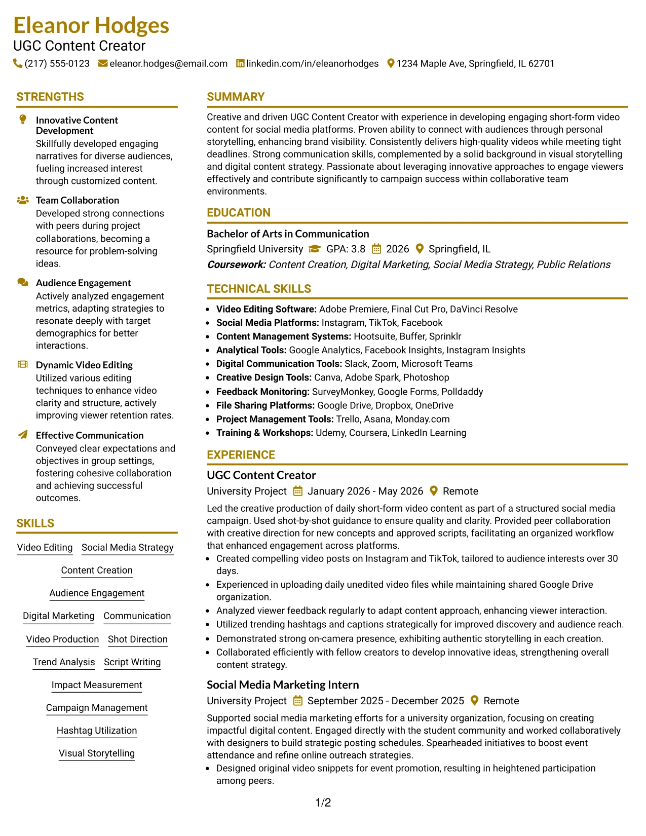 Resume Example Page 1