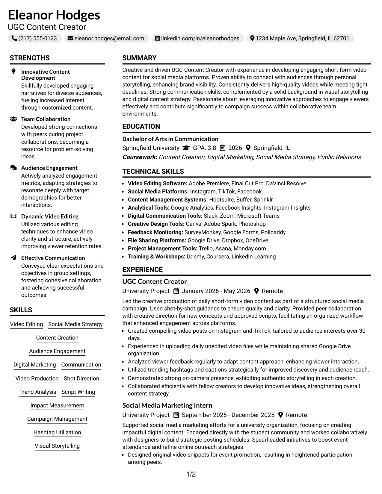 Resume Example Page 1