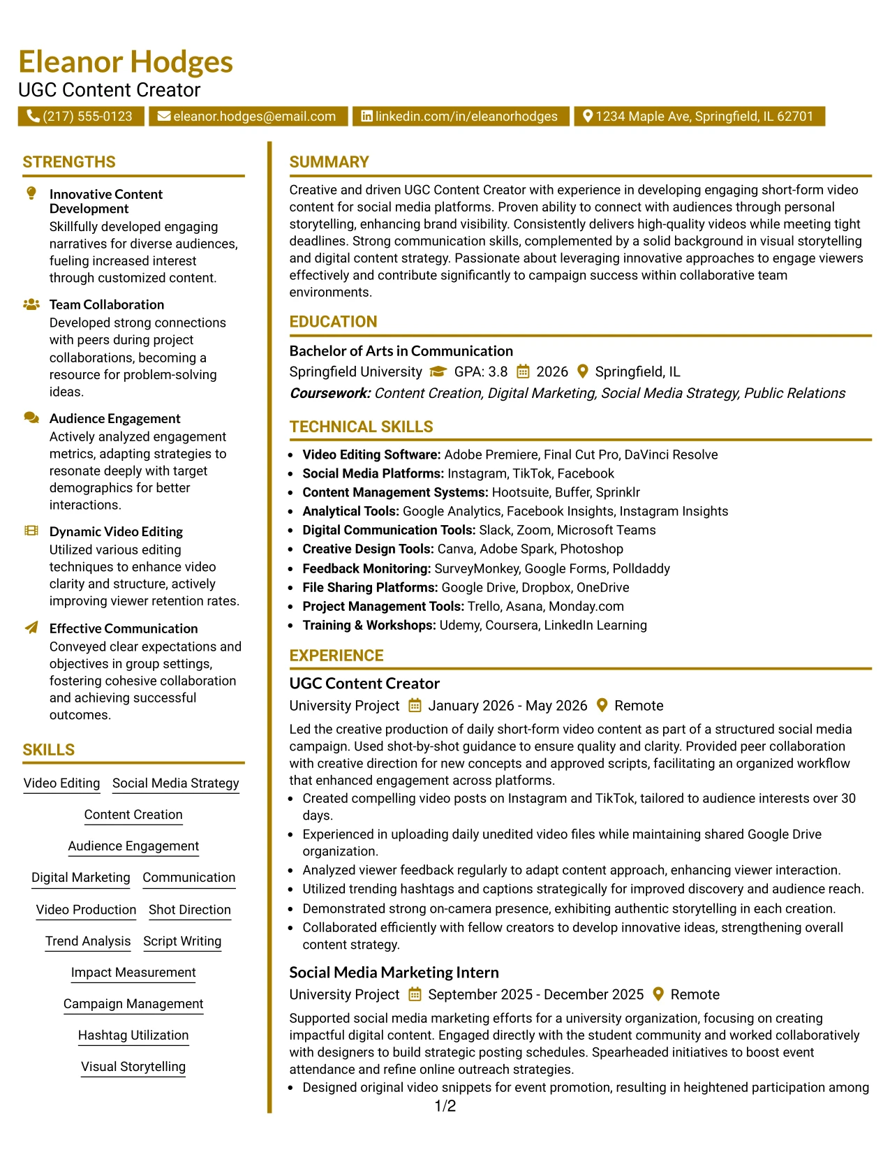 Resume Example Page 1