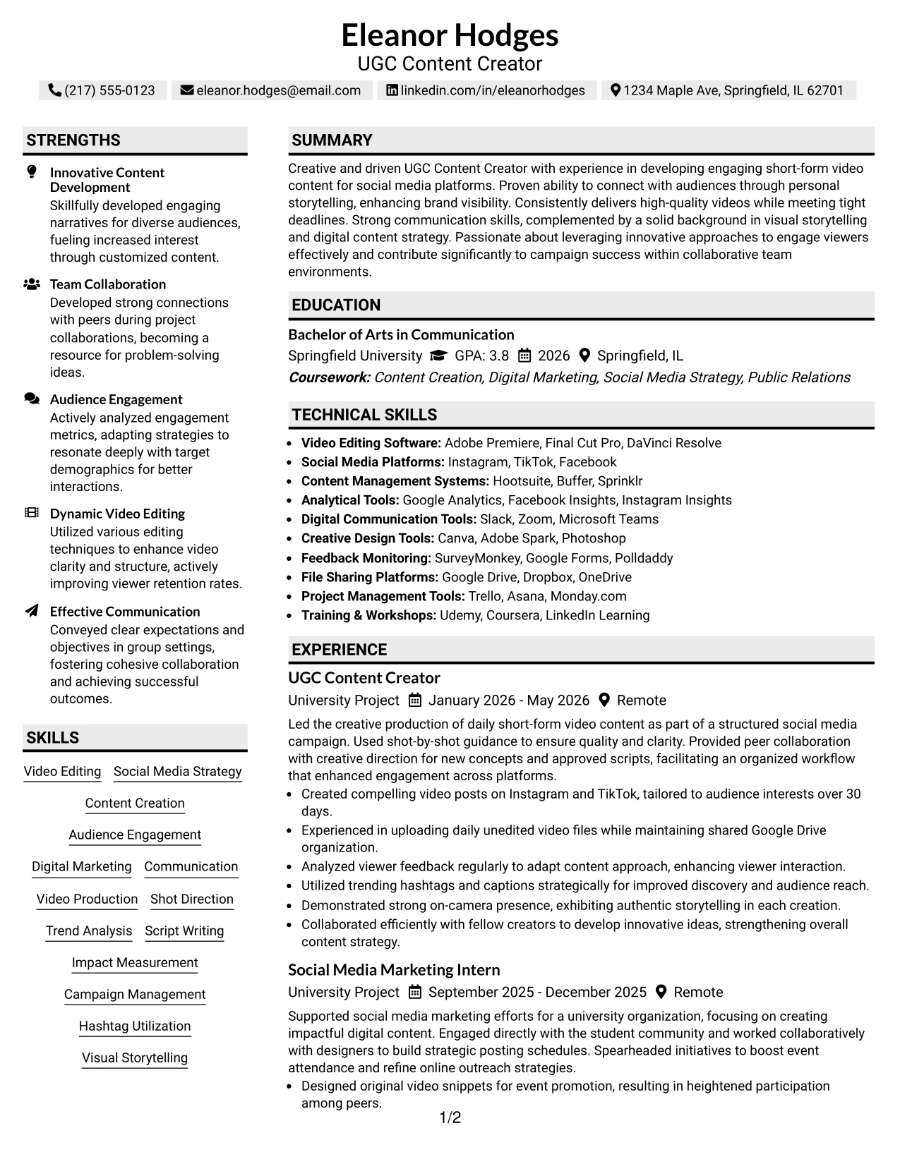 Resume Example Page 1