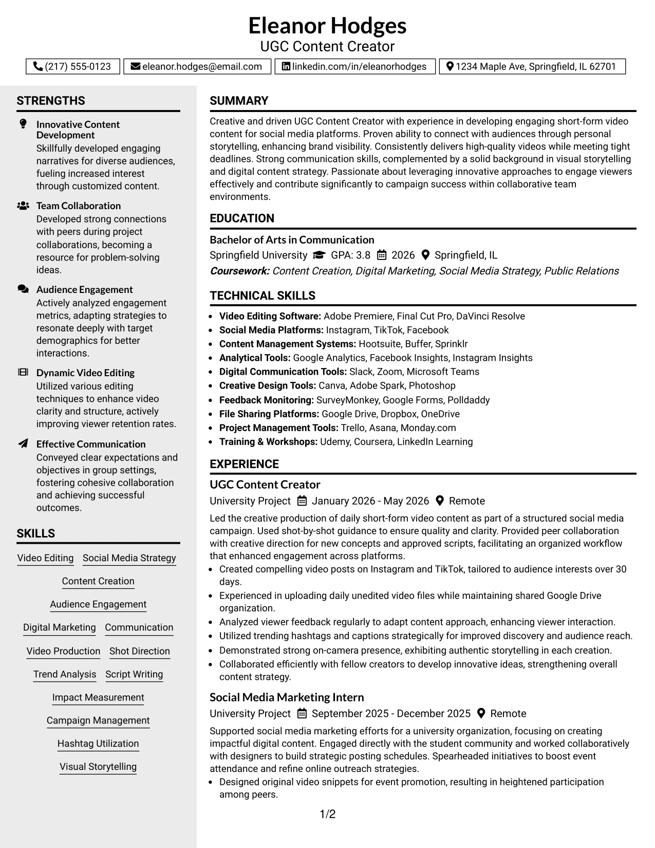 Resume Example Page 1