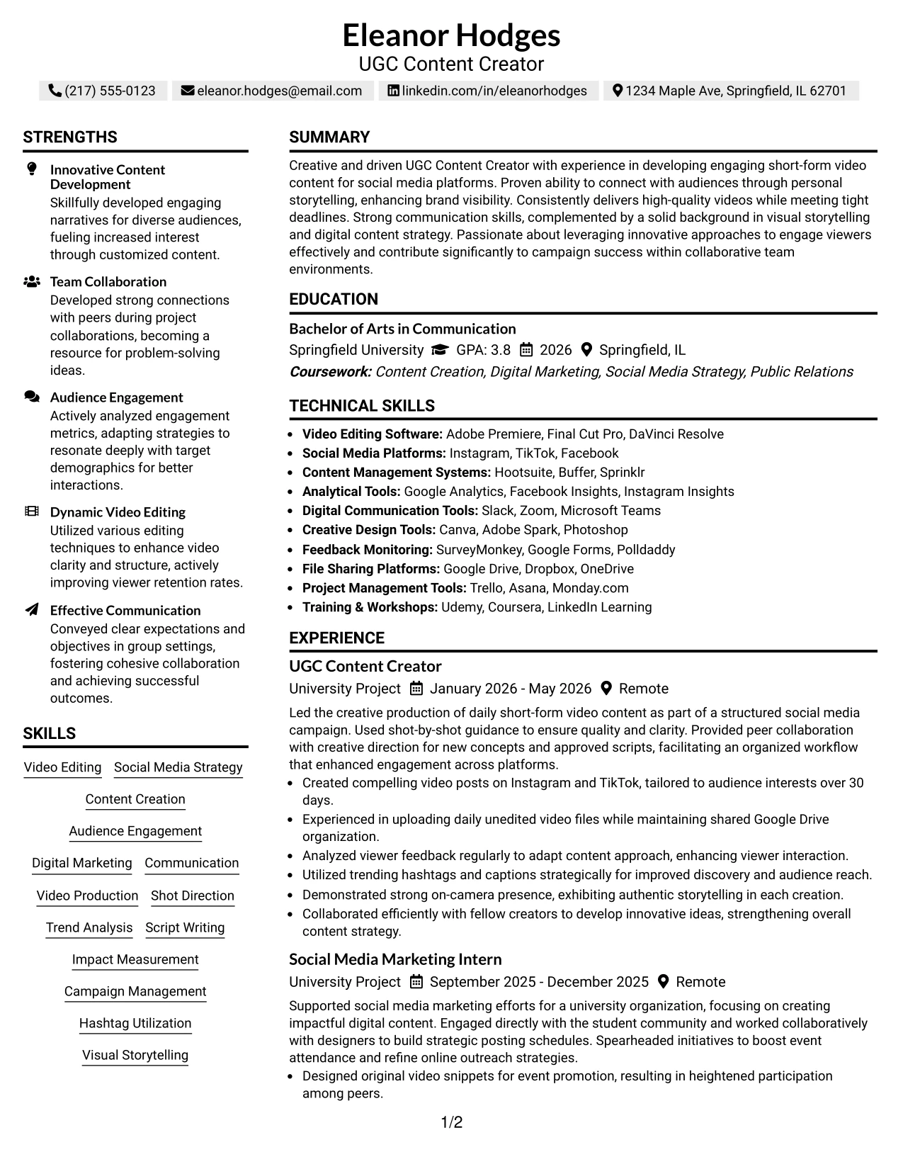 Resume Example Page 1
