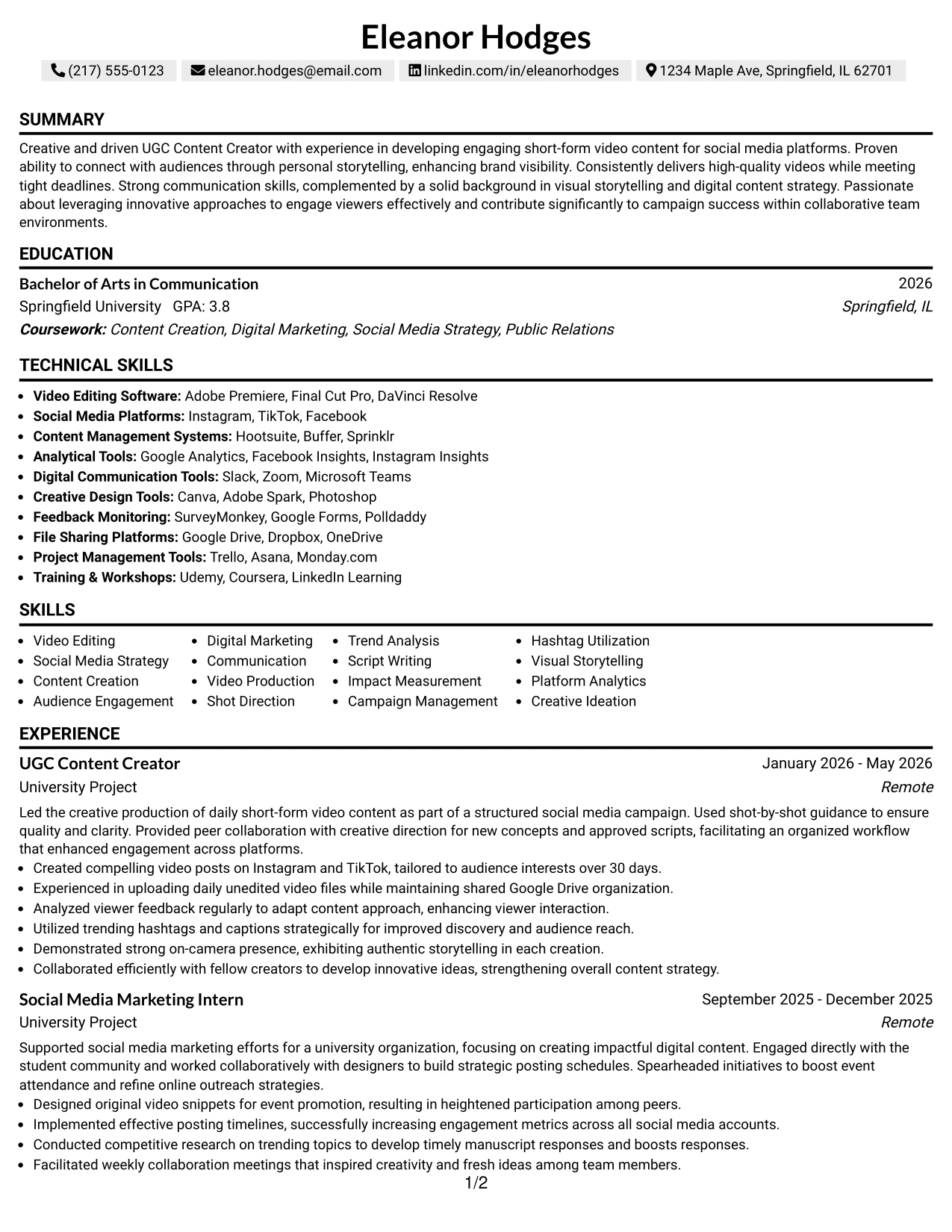 Resume Example Page 1