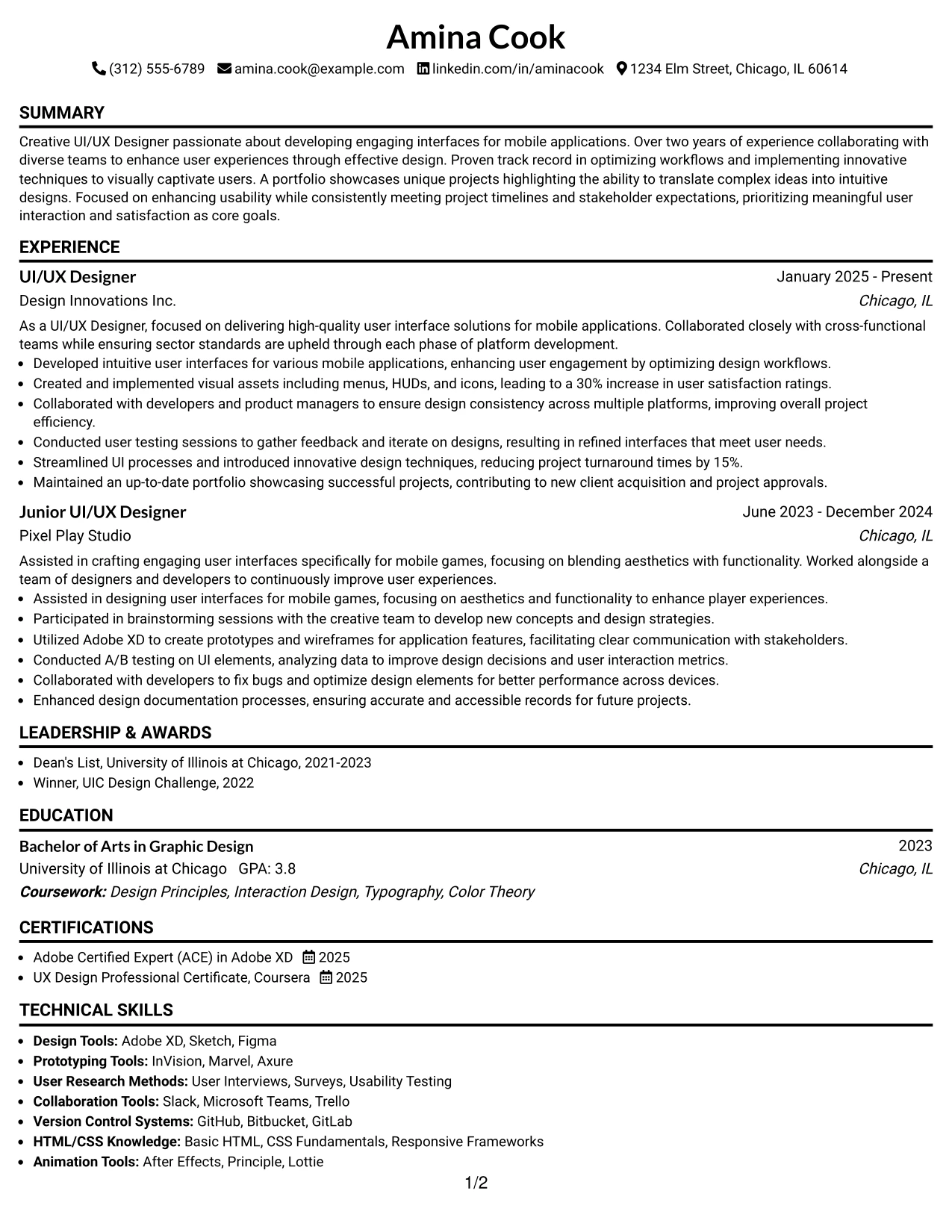 Resume Example Page 1
