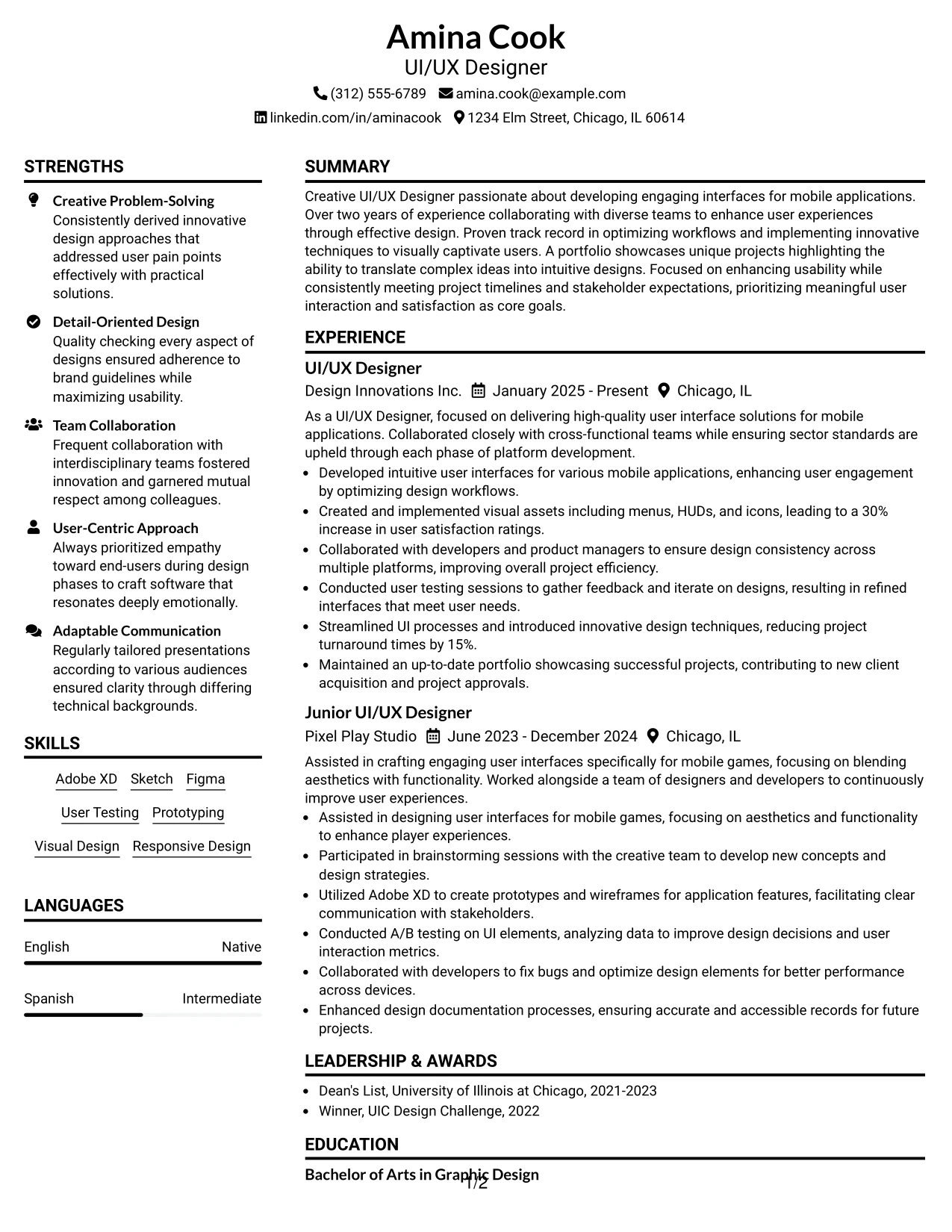 Resume Example Page 1