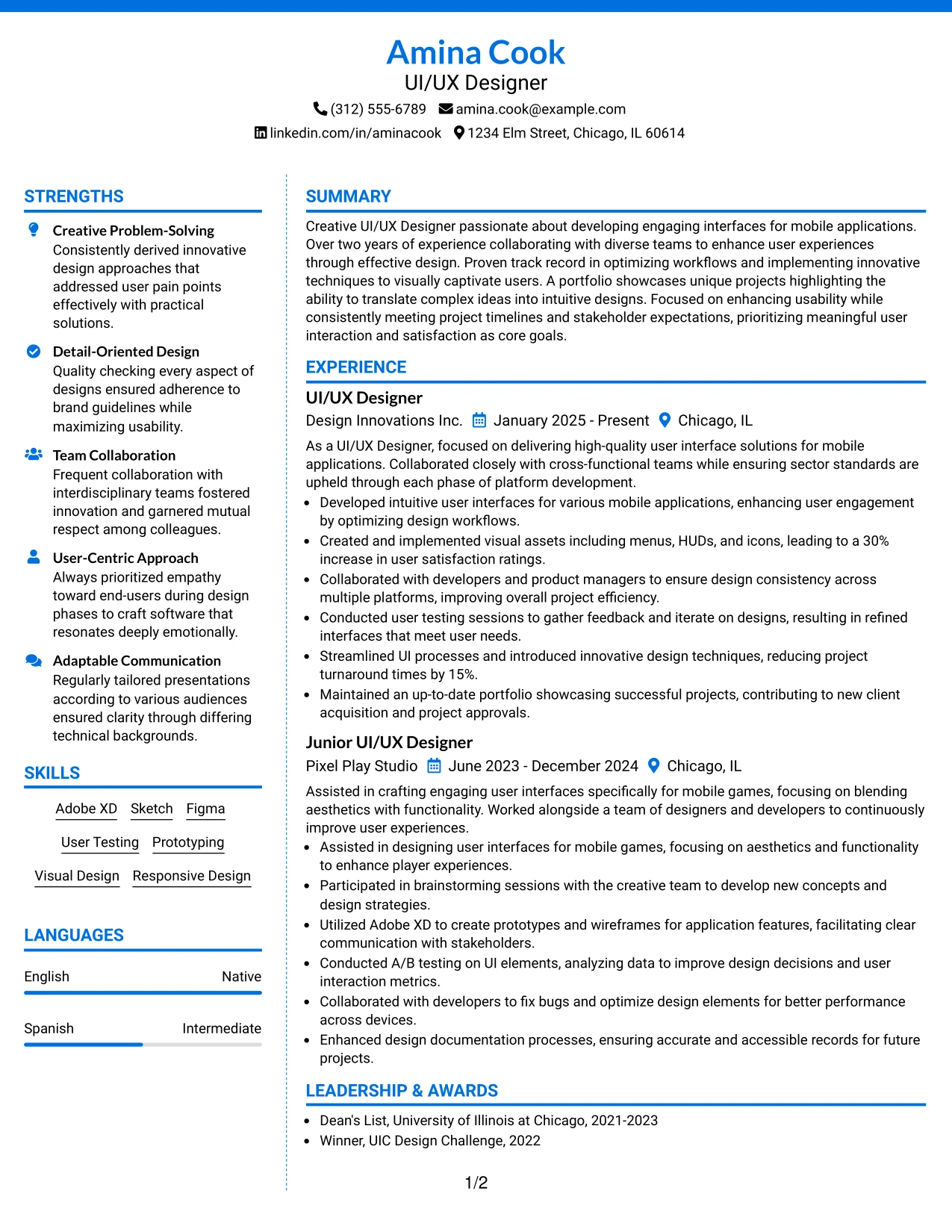Resume Example Page 1