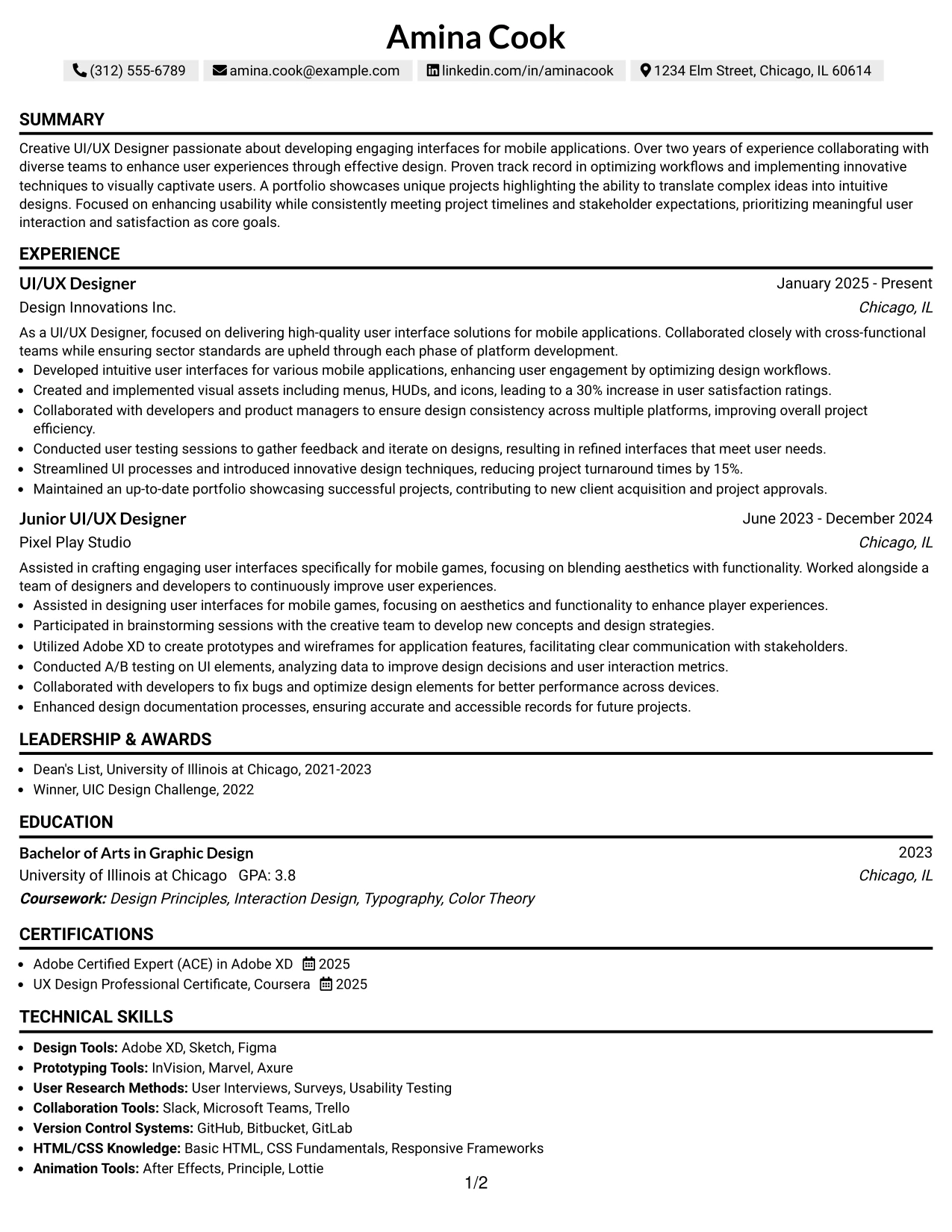 Resume Example Page 1