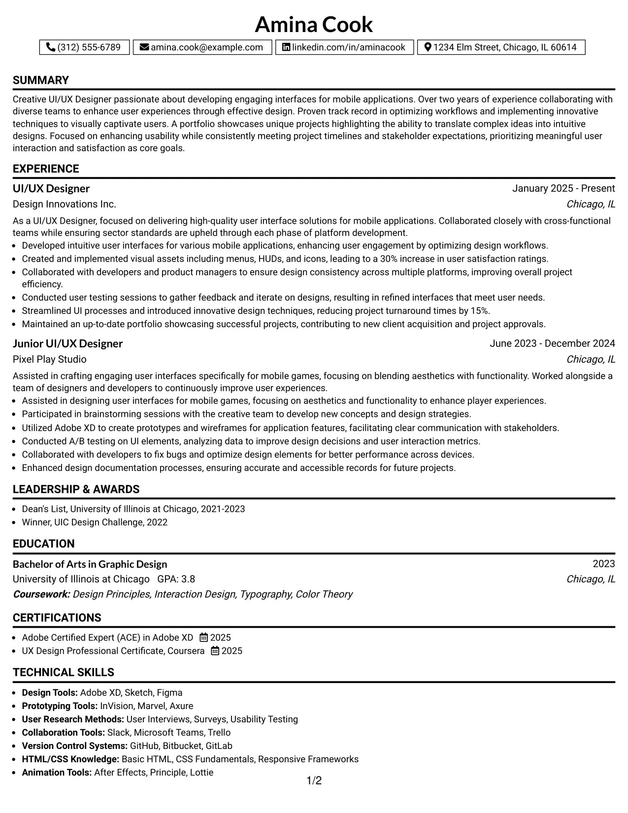 Resume Example Page 1
