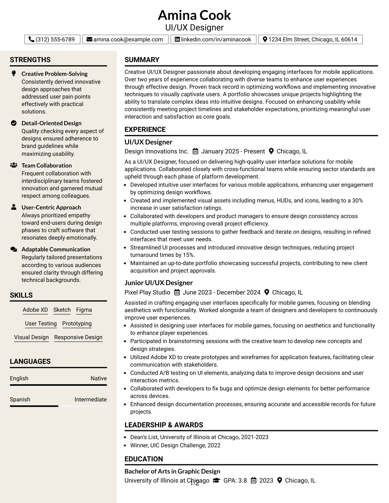Resume Example Page 1