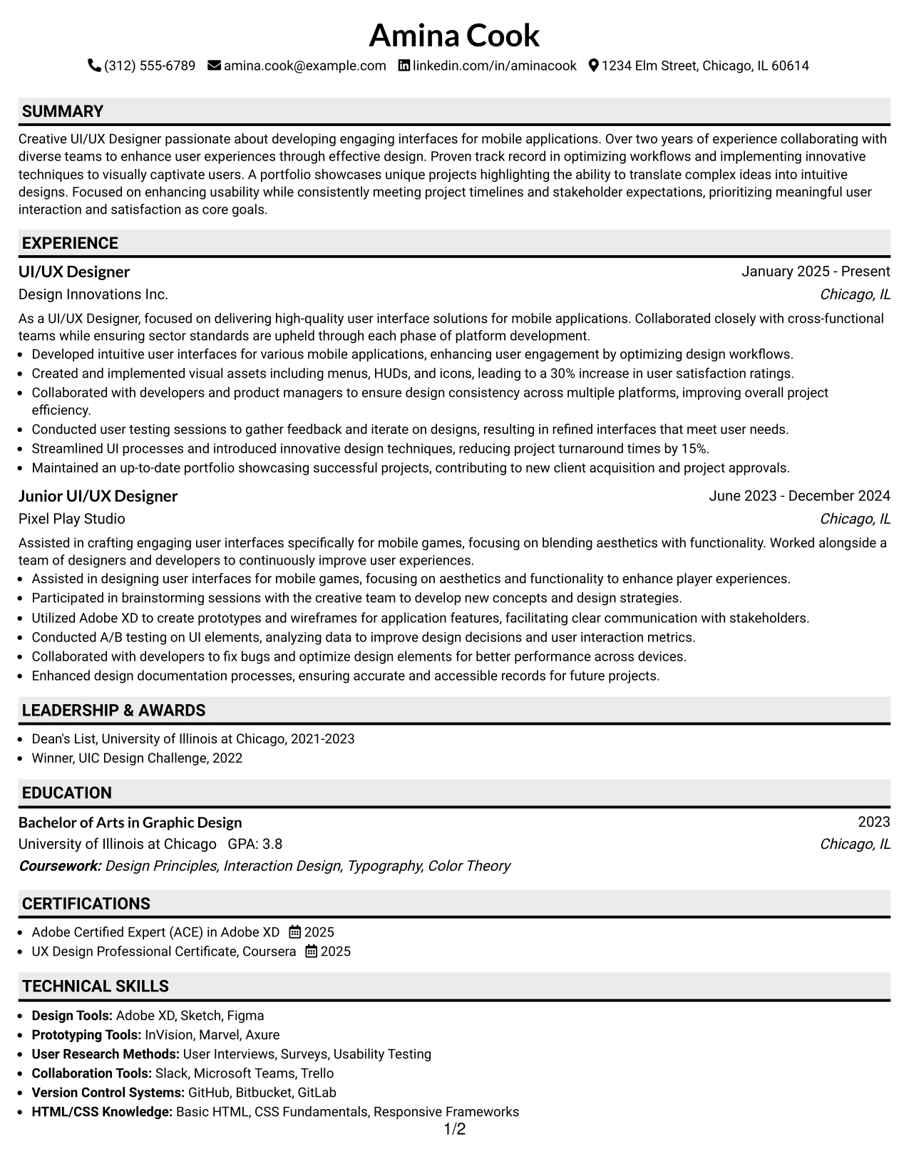 Resume Example Page 1