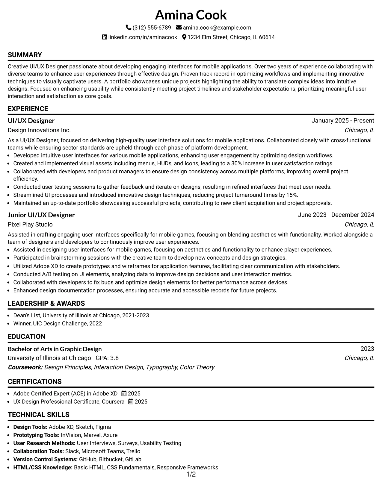 Resume Example Page 1