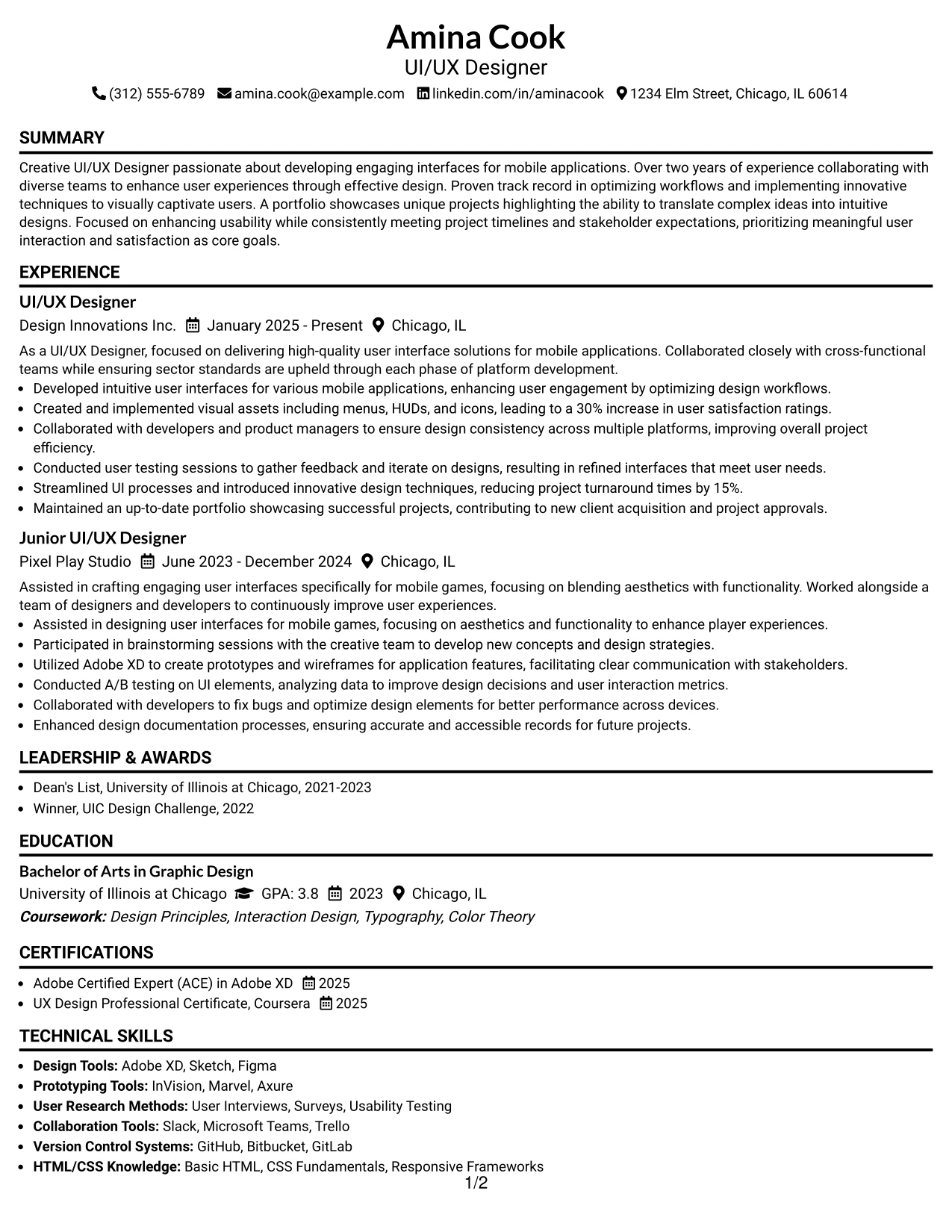 Resume Example Page 1