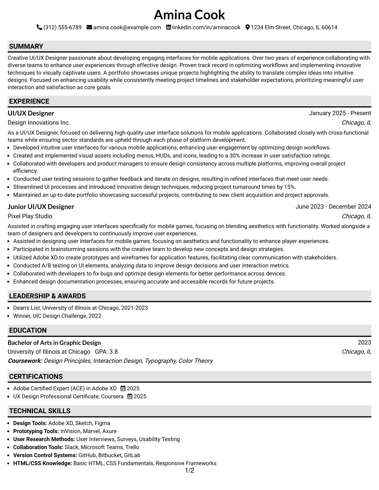 Resume Example Page 1