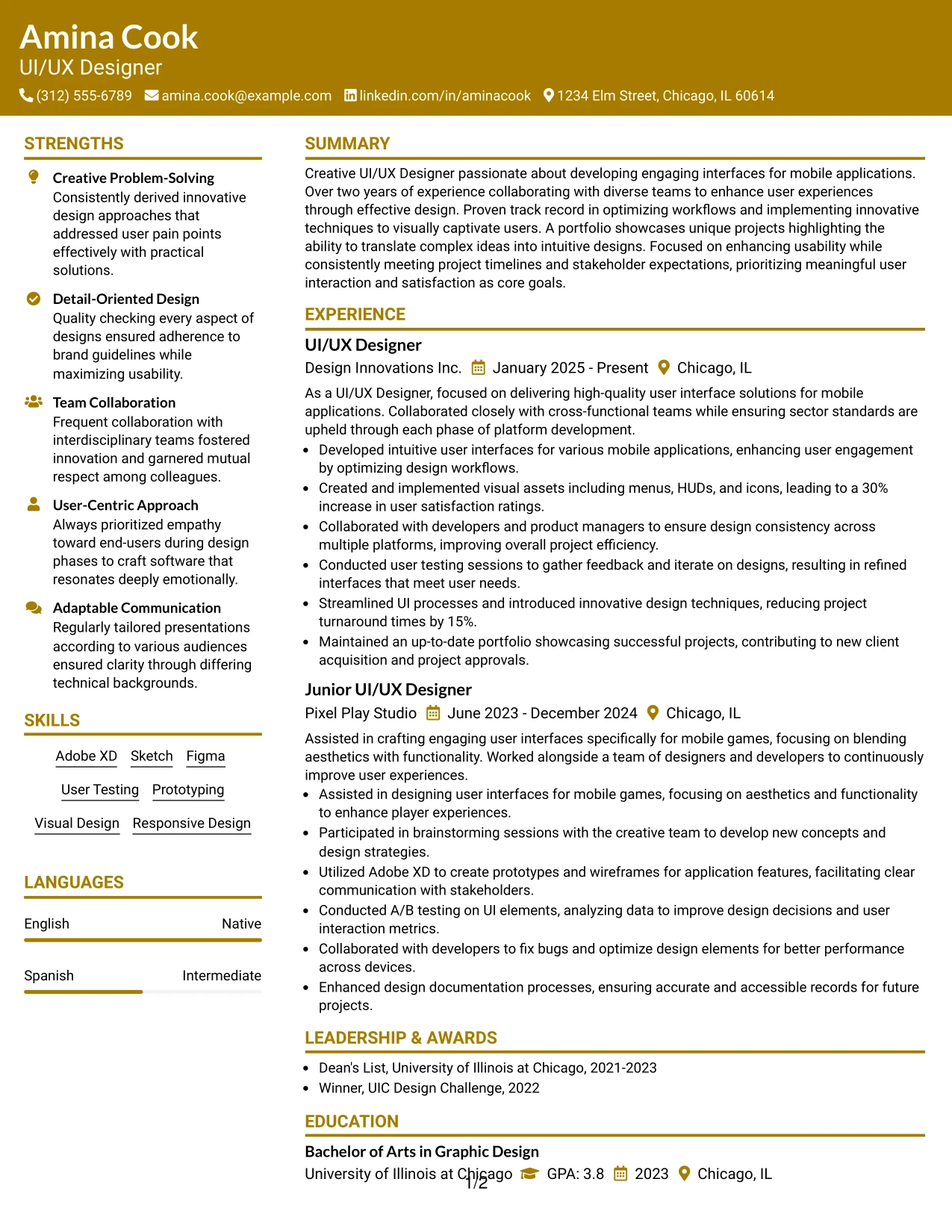 Resume Example Page 1