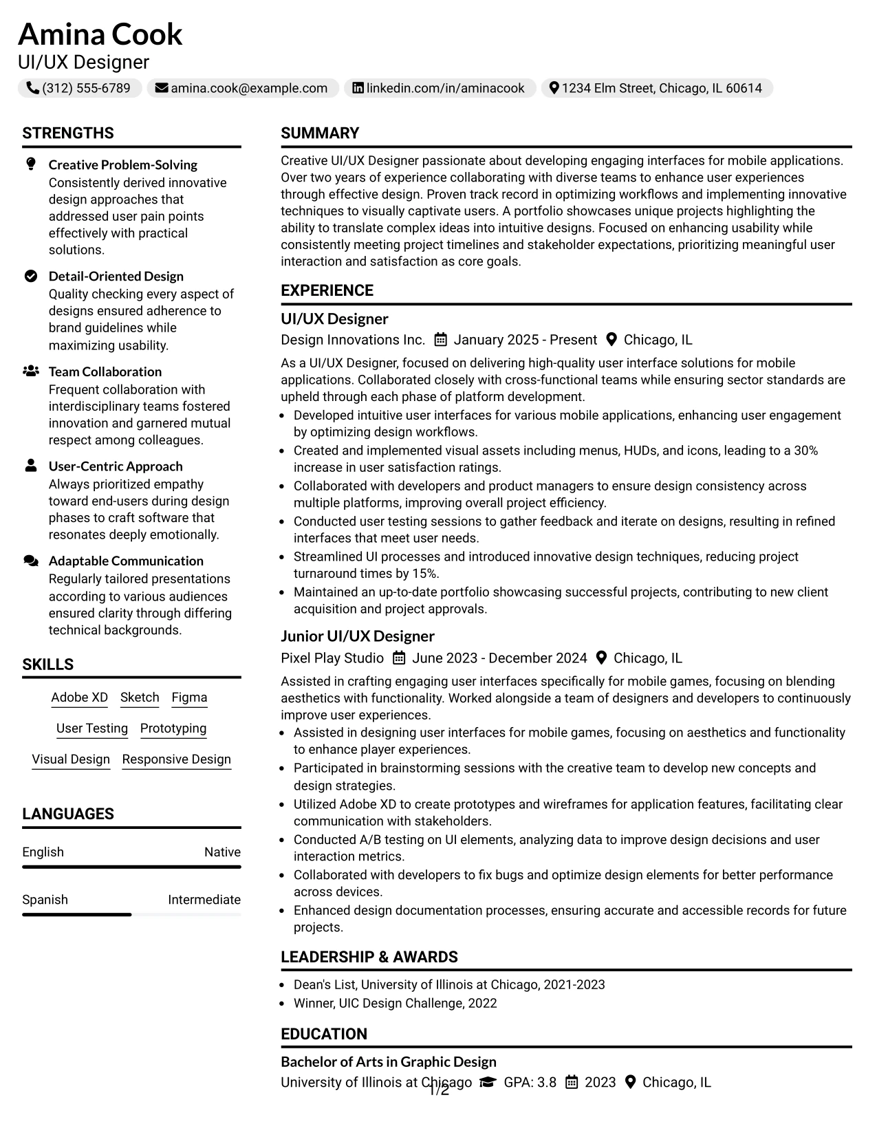 Resume Example Page 1