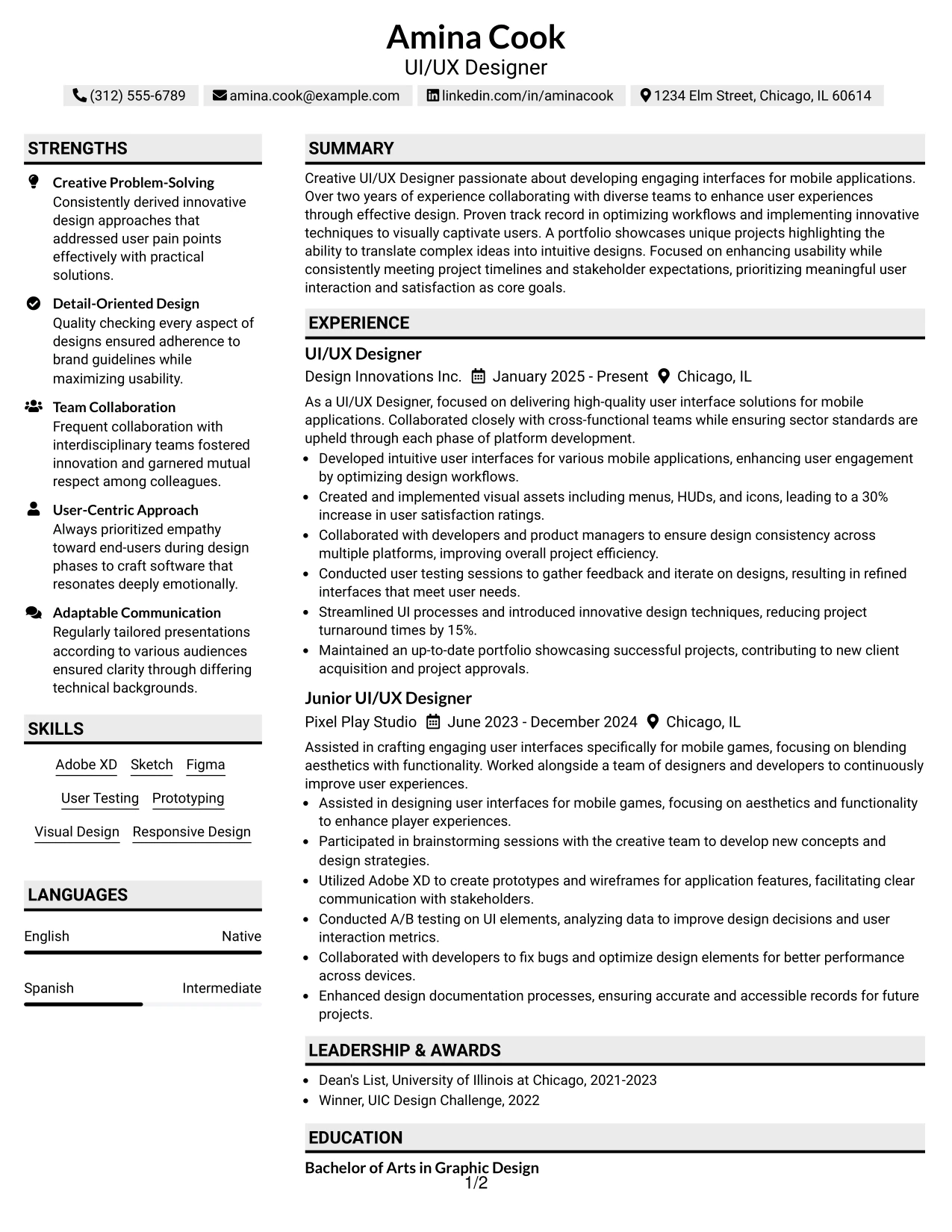 Resume Example Page 1