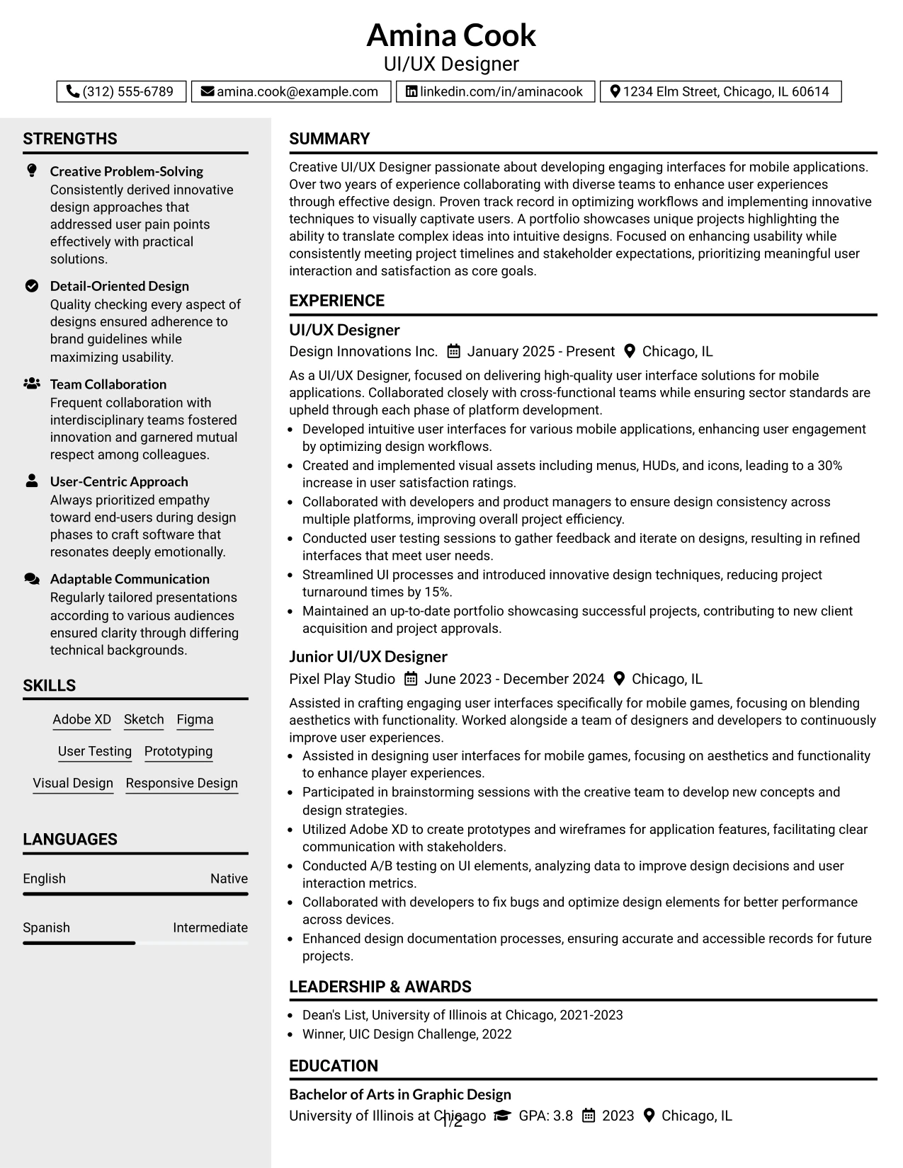Resume Example Page 1