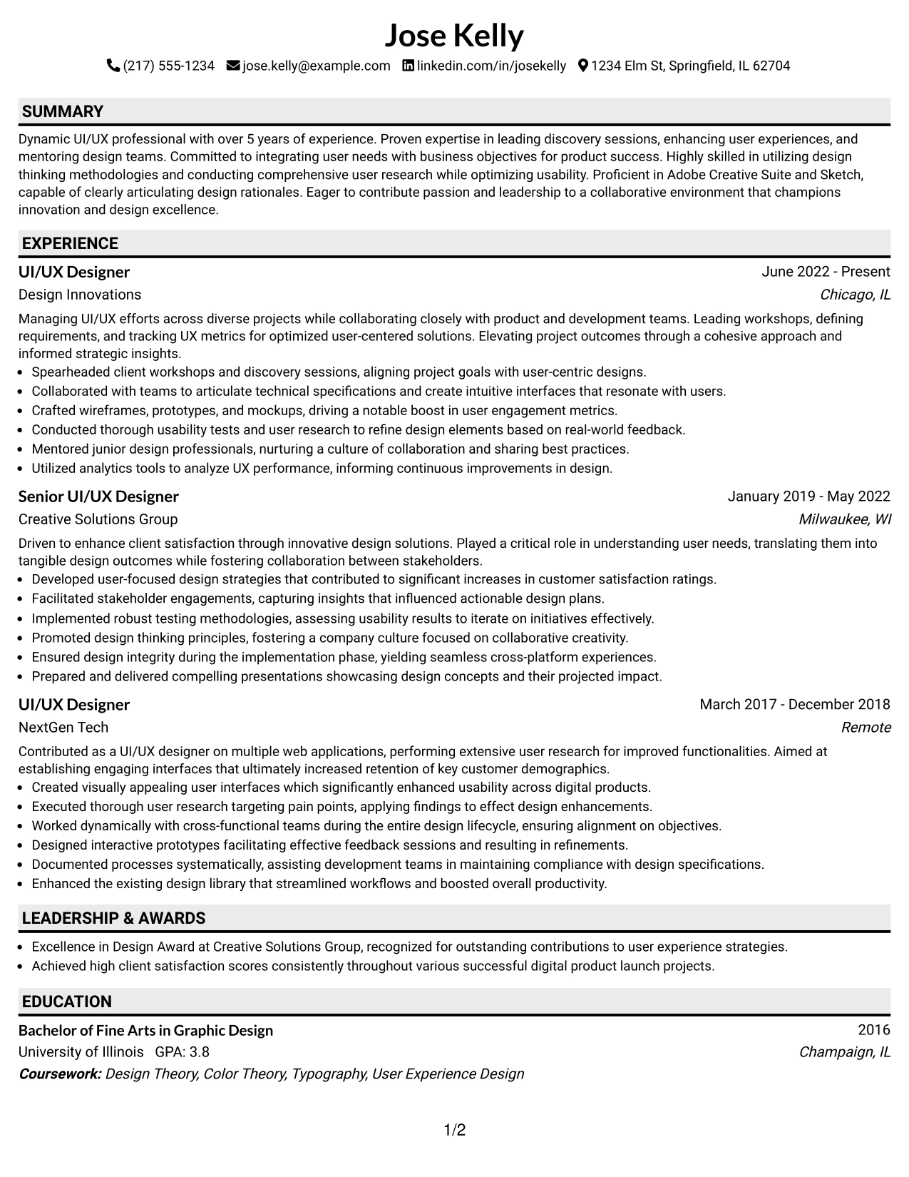 Resume Example Page 1