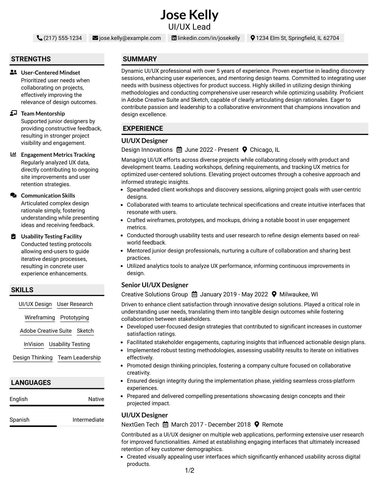 Resume Example Page 1