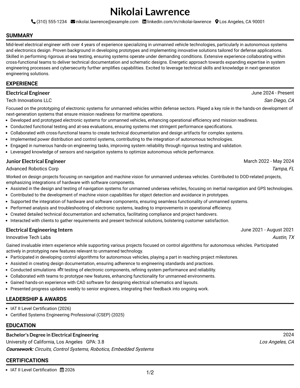 Resume Example Page 1