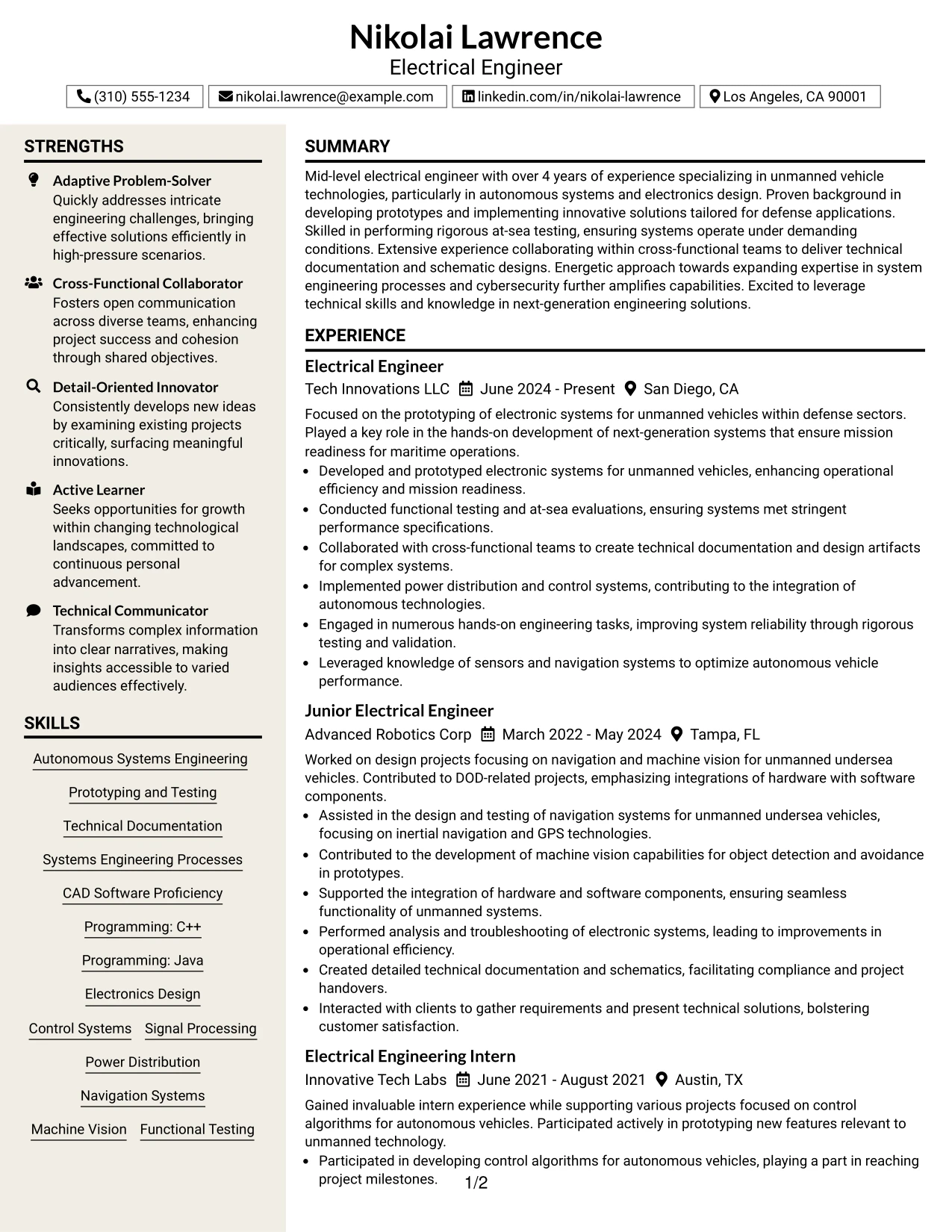 Resume Example Page 1