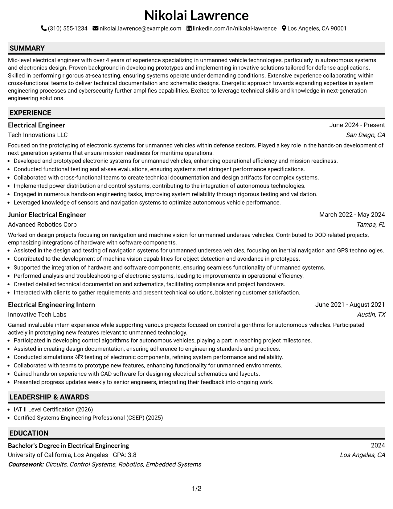 Resume Example Page 1