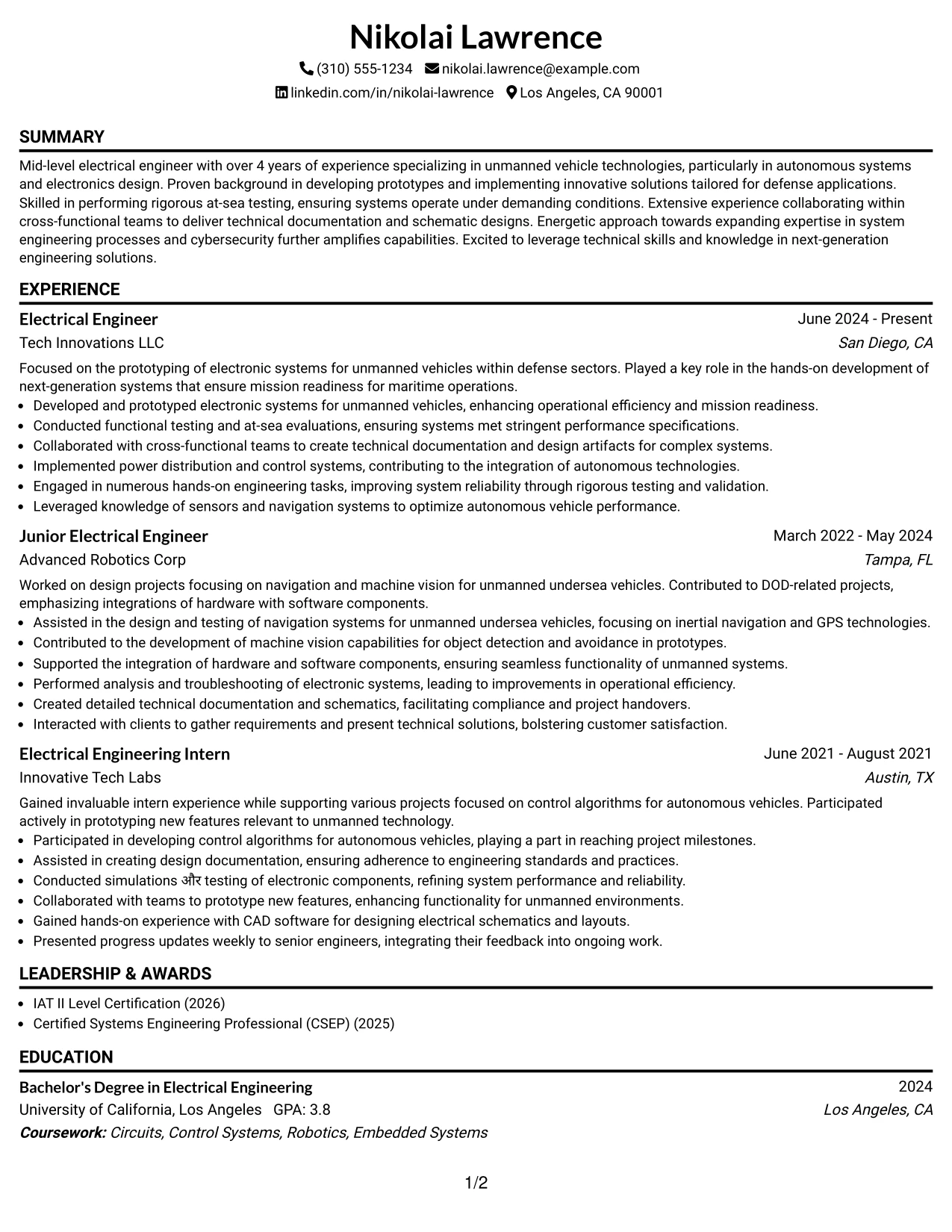Resume Example Page 1