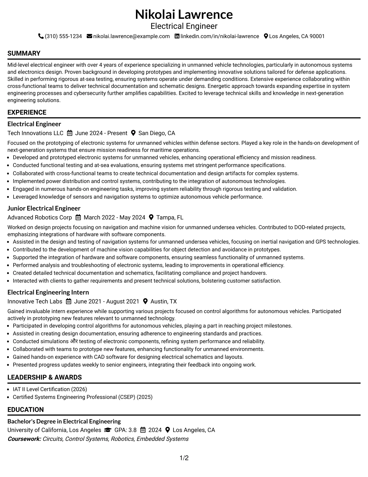 Resume Example Page 1