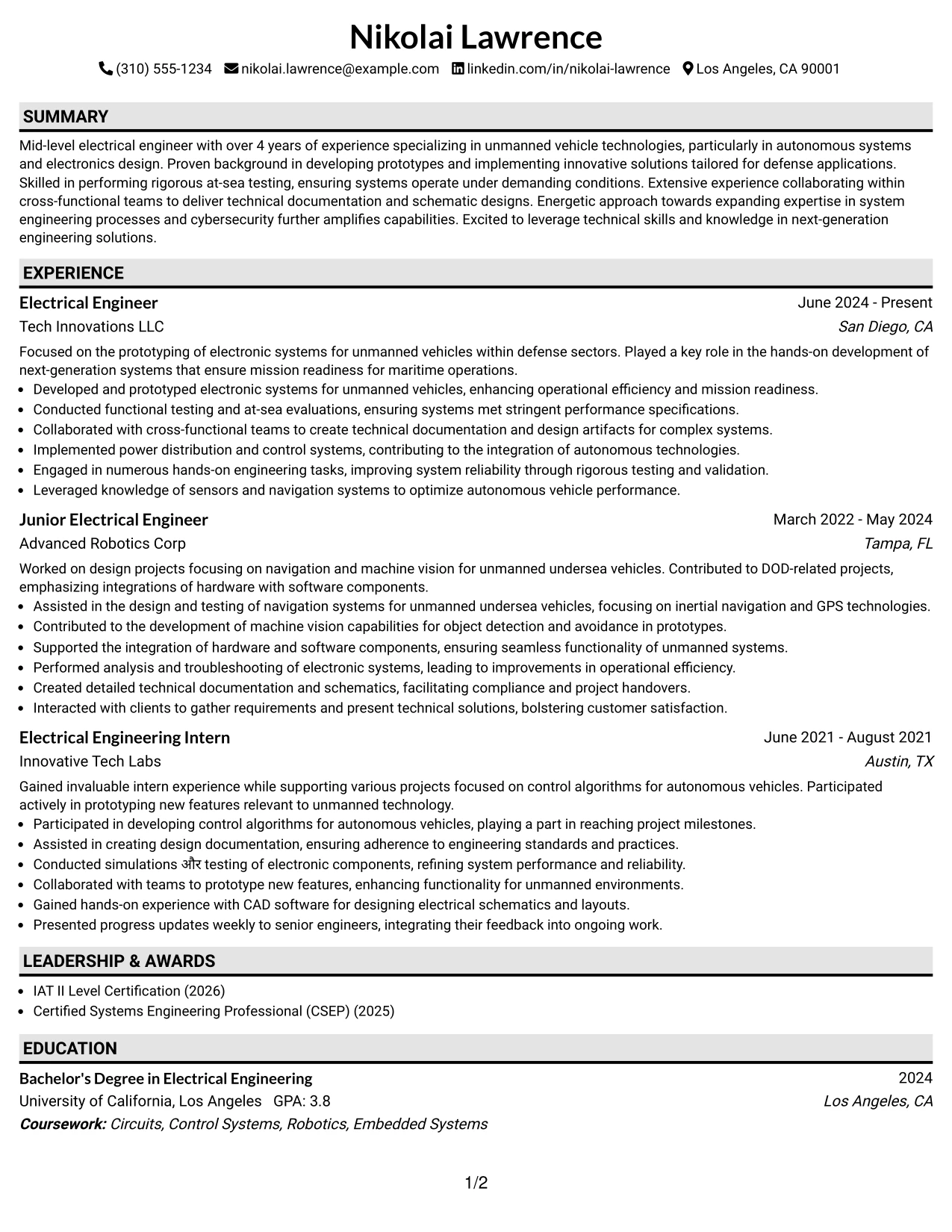 Resume Example Page 1