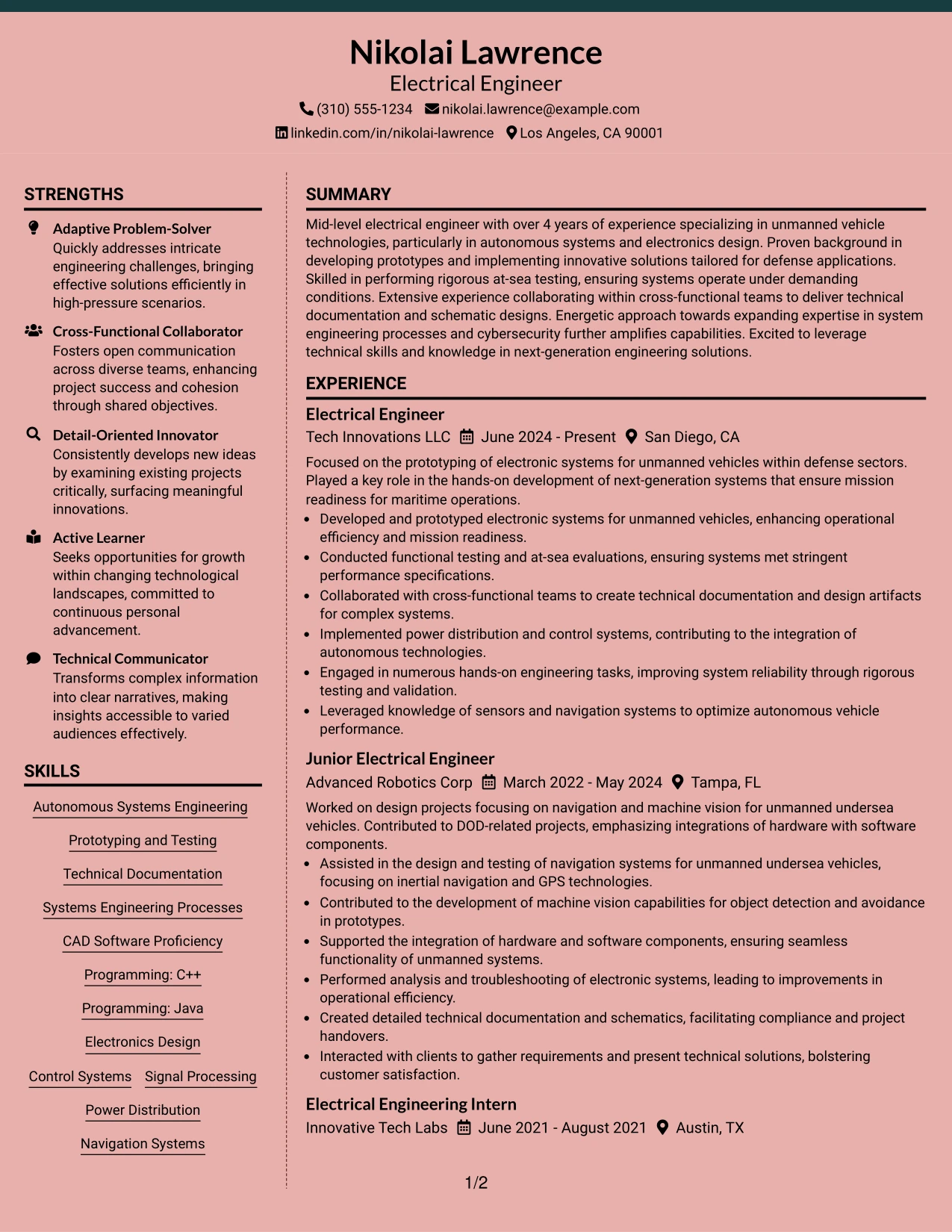 Resume Example Page 1