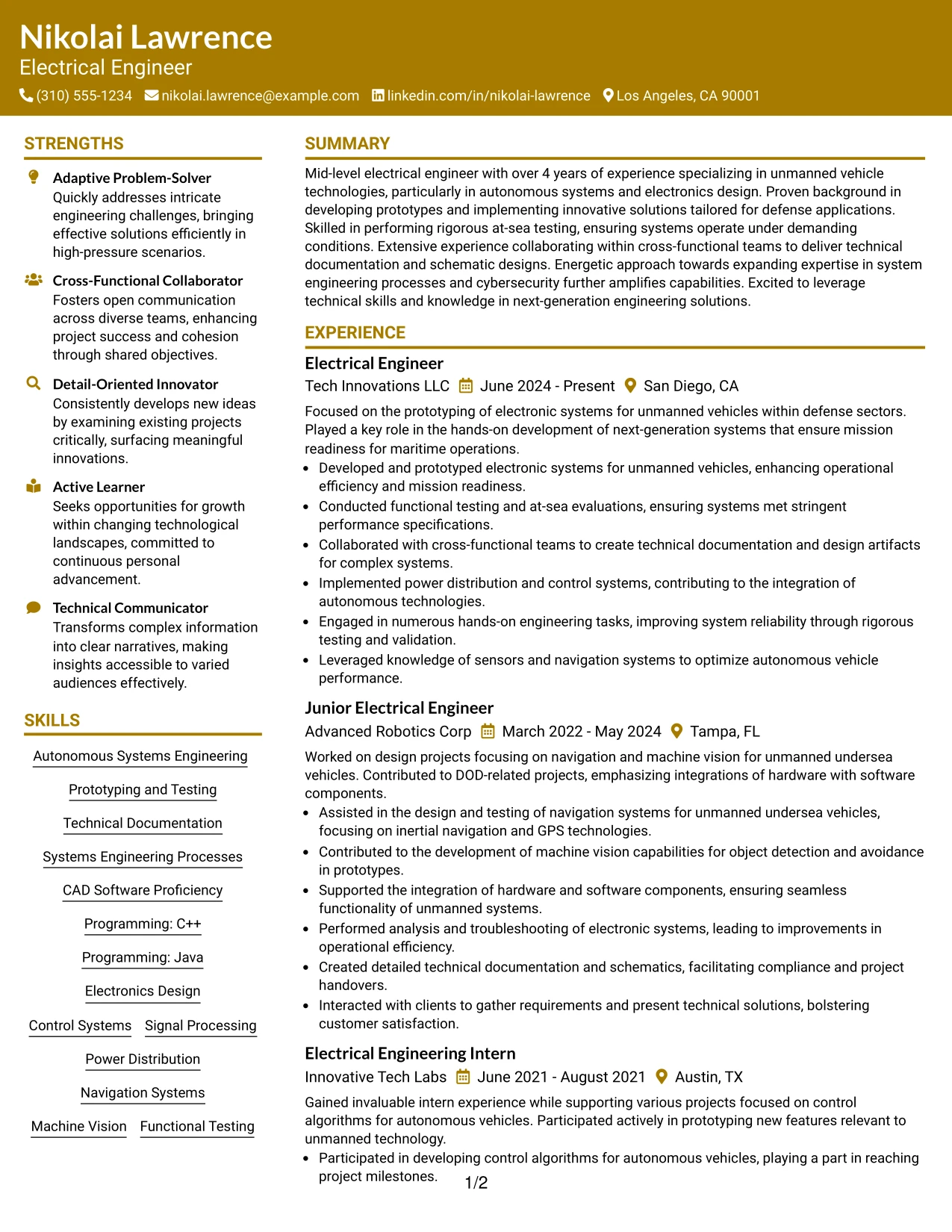 Resume Example Page 1