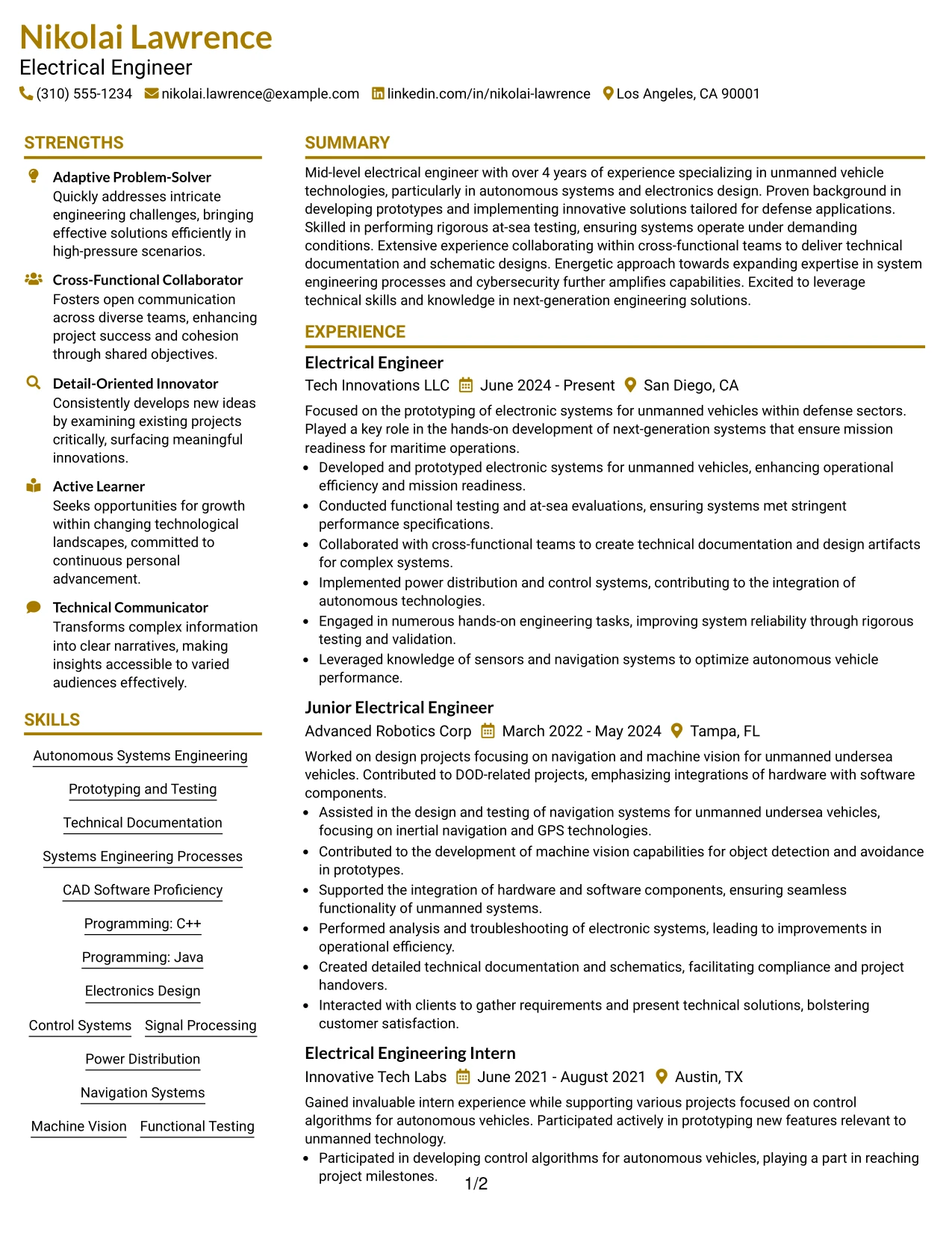 Resume Example Page 1