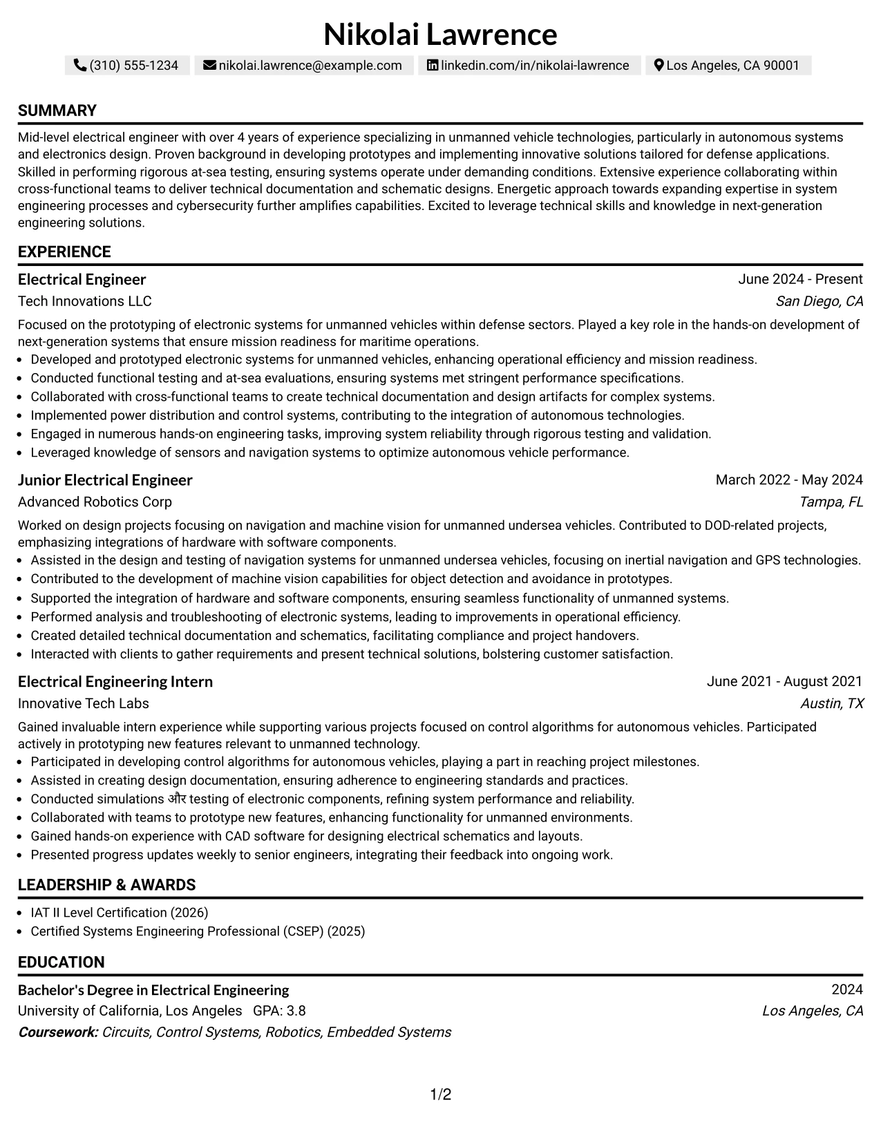 Resume Example Page 1