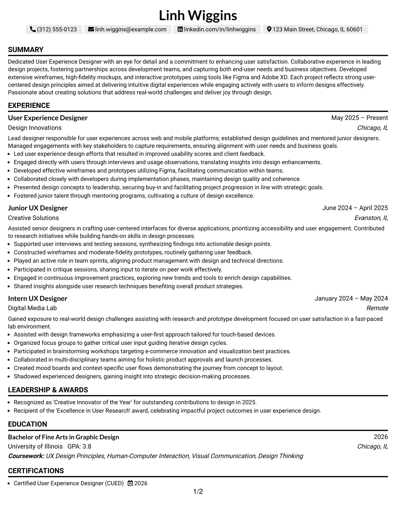 Resume Example Page 1