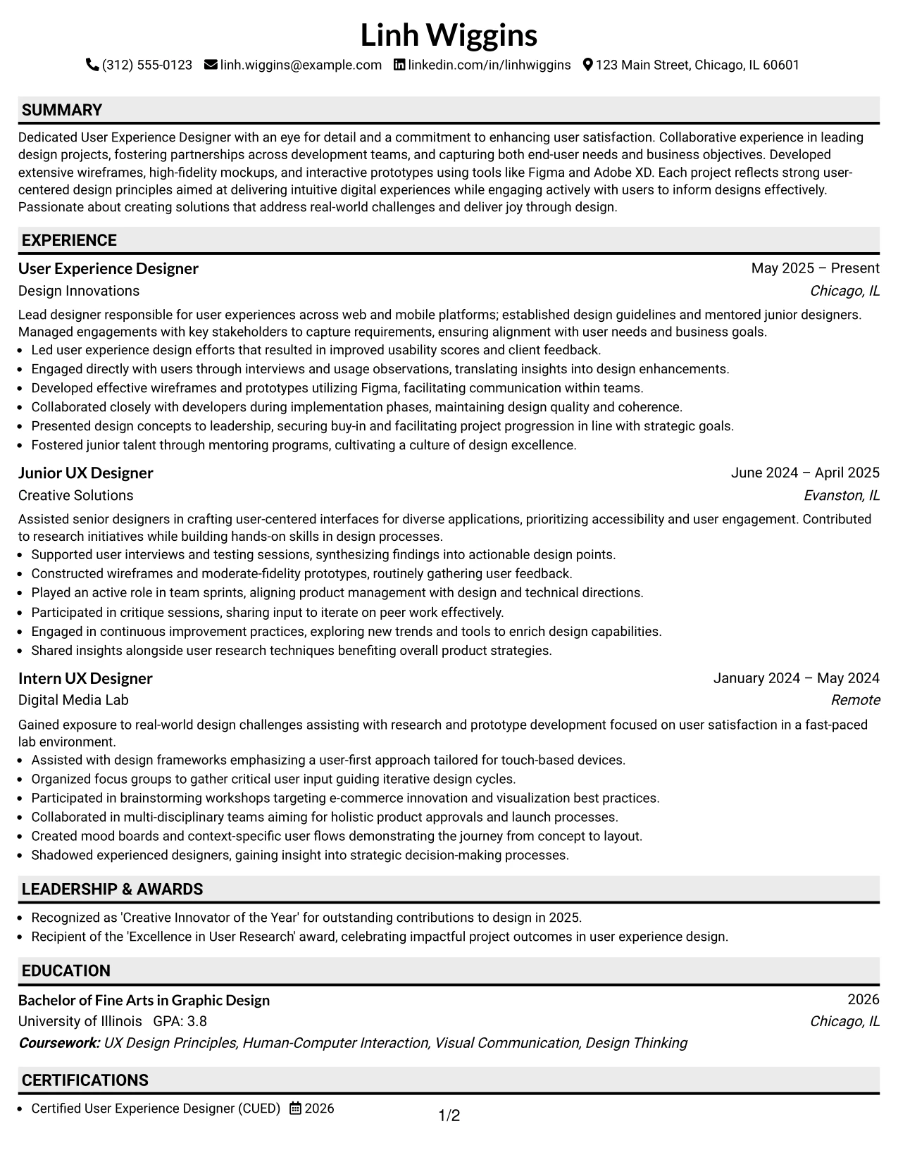 Resume Example Page 1