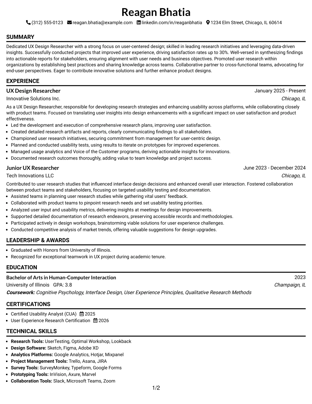 Resume Example Page 1