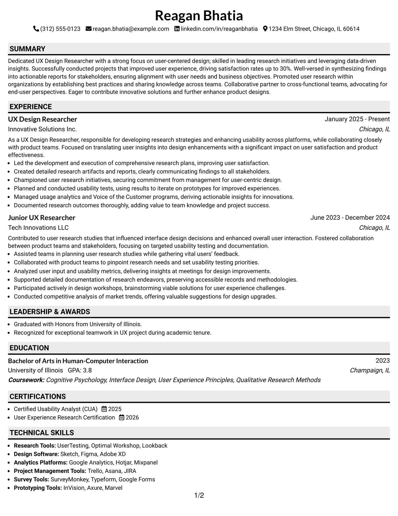 Resume Example Page 1