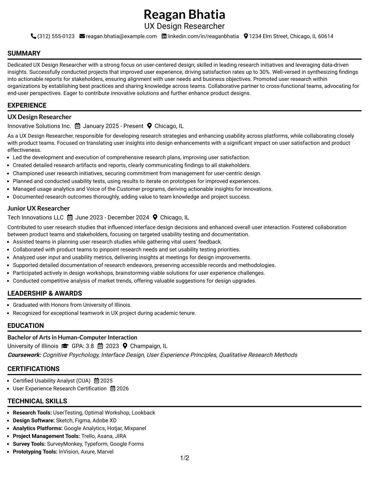 Resume Example Page 1