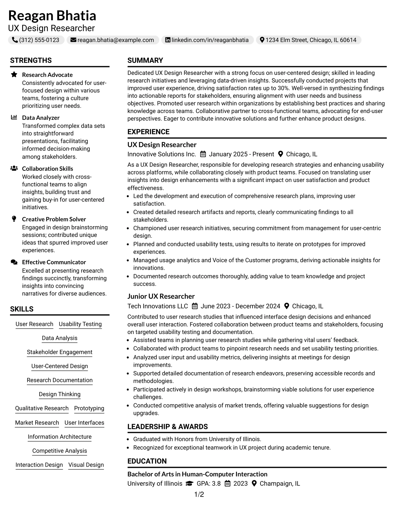 Resume Example Page 1