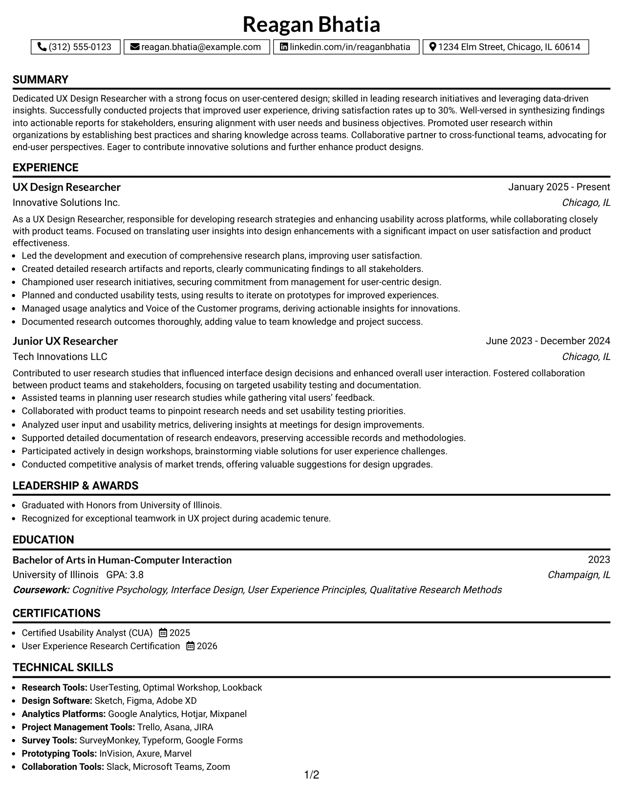 Resume Example Page 1