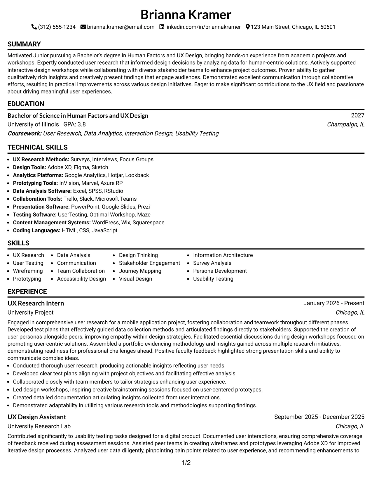 Resume Example Page 1