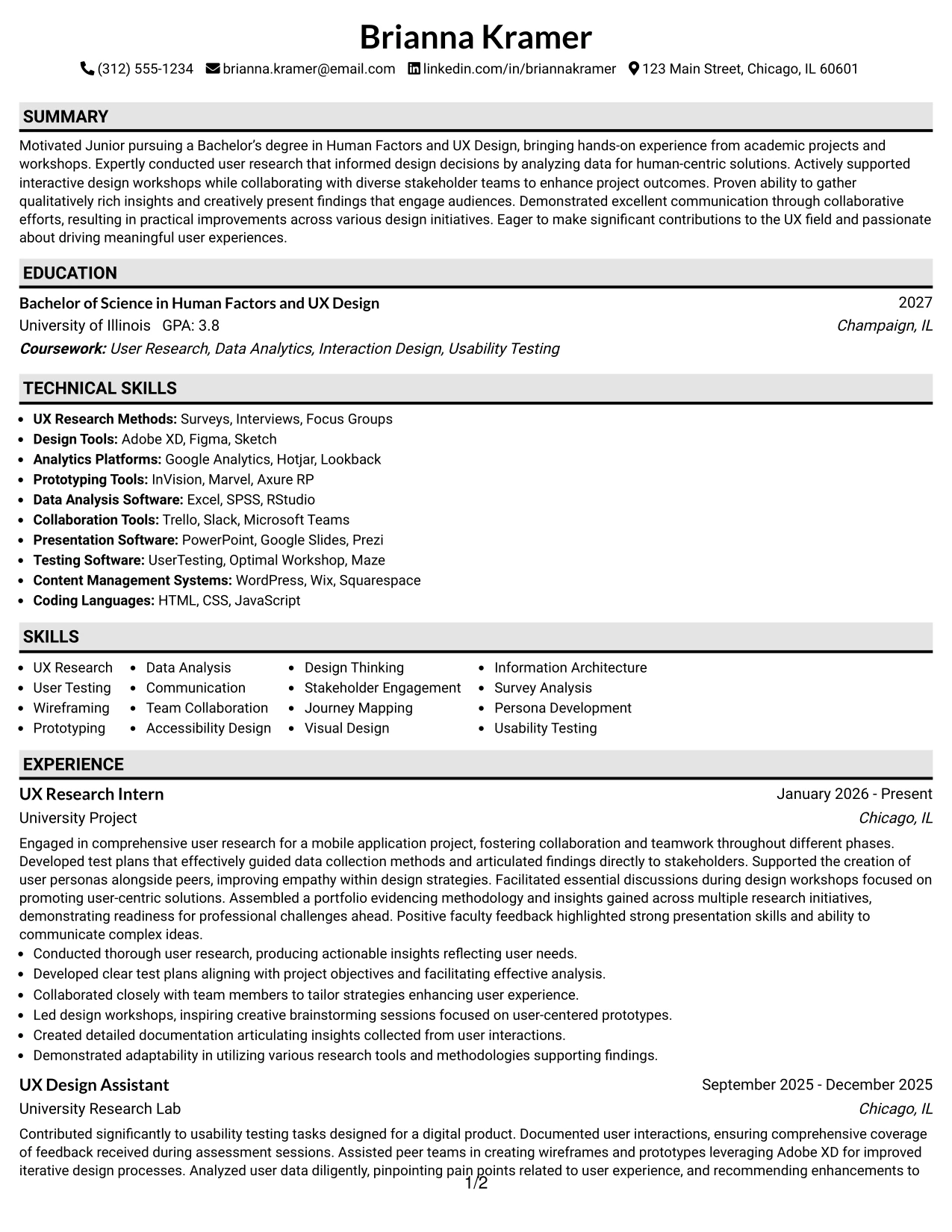 Resume Example Page 1